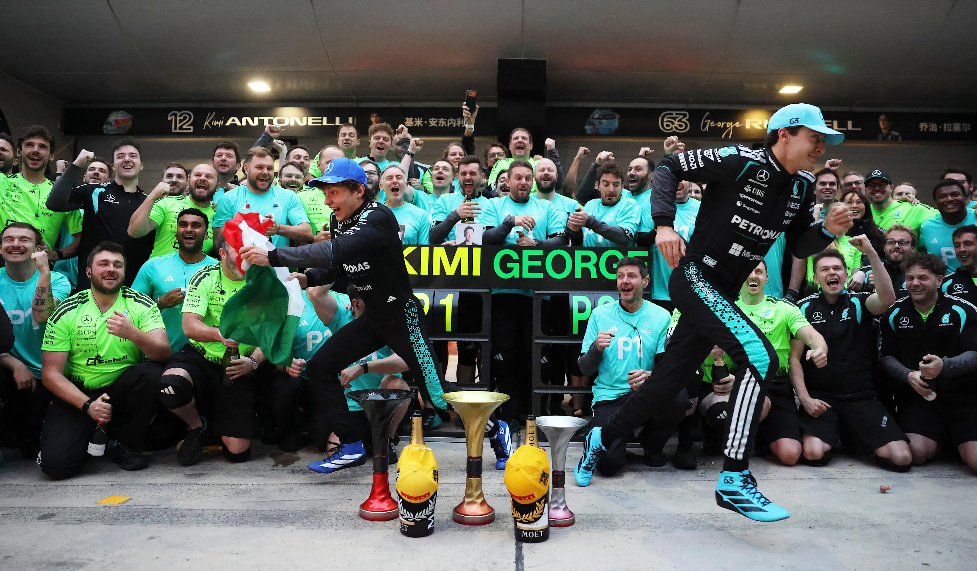SHANGHAI, CHINA - MARCH 15: Race winner Andrea Kimi Antonelli of Italy and Mercedes AMG Petronas F1