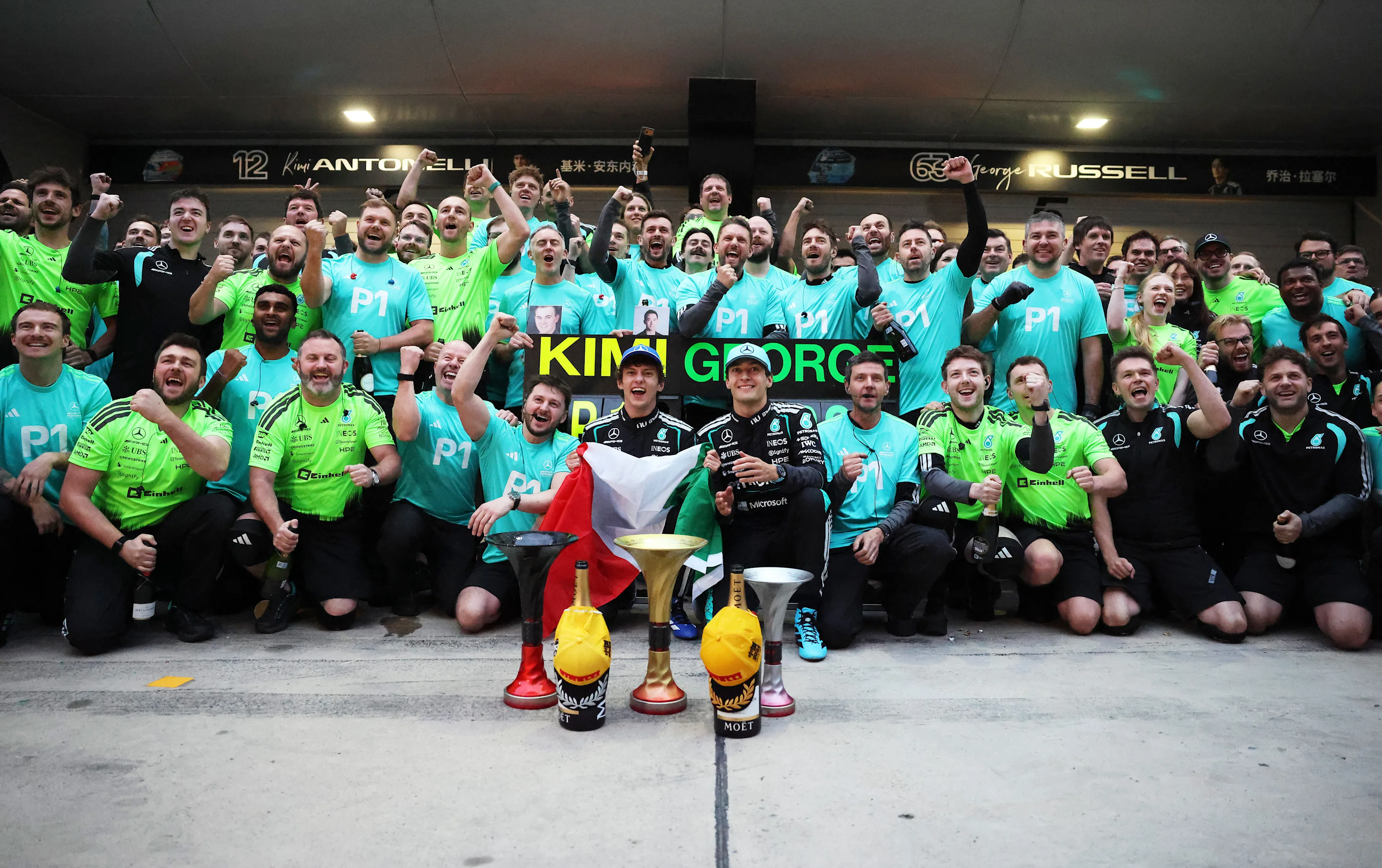 SHANGHAI, CHINA - MARCH 15: Race winner Andrea Kimi Antonelli of Italy and Mercedes AMG Petronas F1