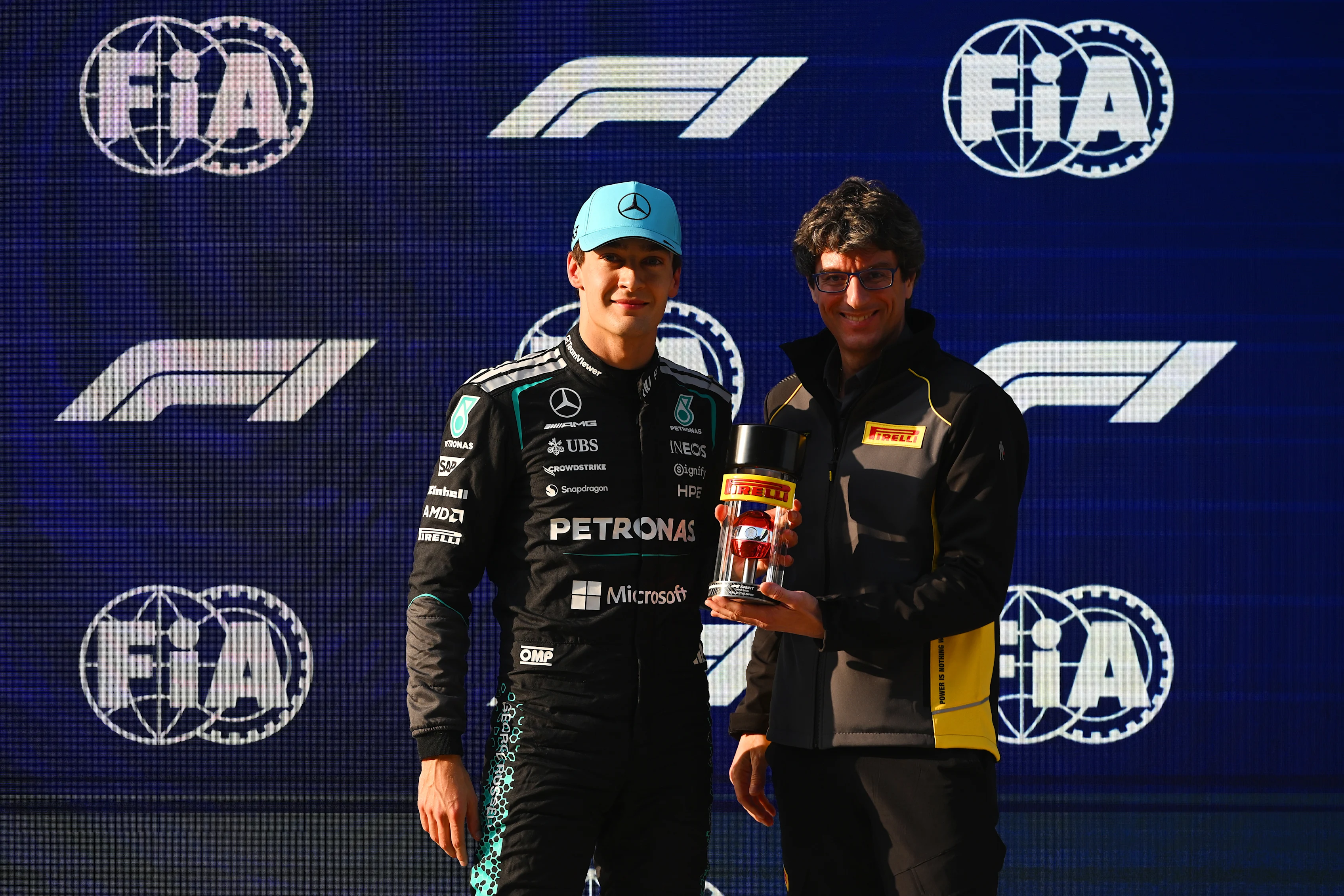 SHANGHAI, CHINA - MARCH 13: Pole position qualifier George Russell of Great Britain and Mercedes
