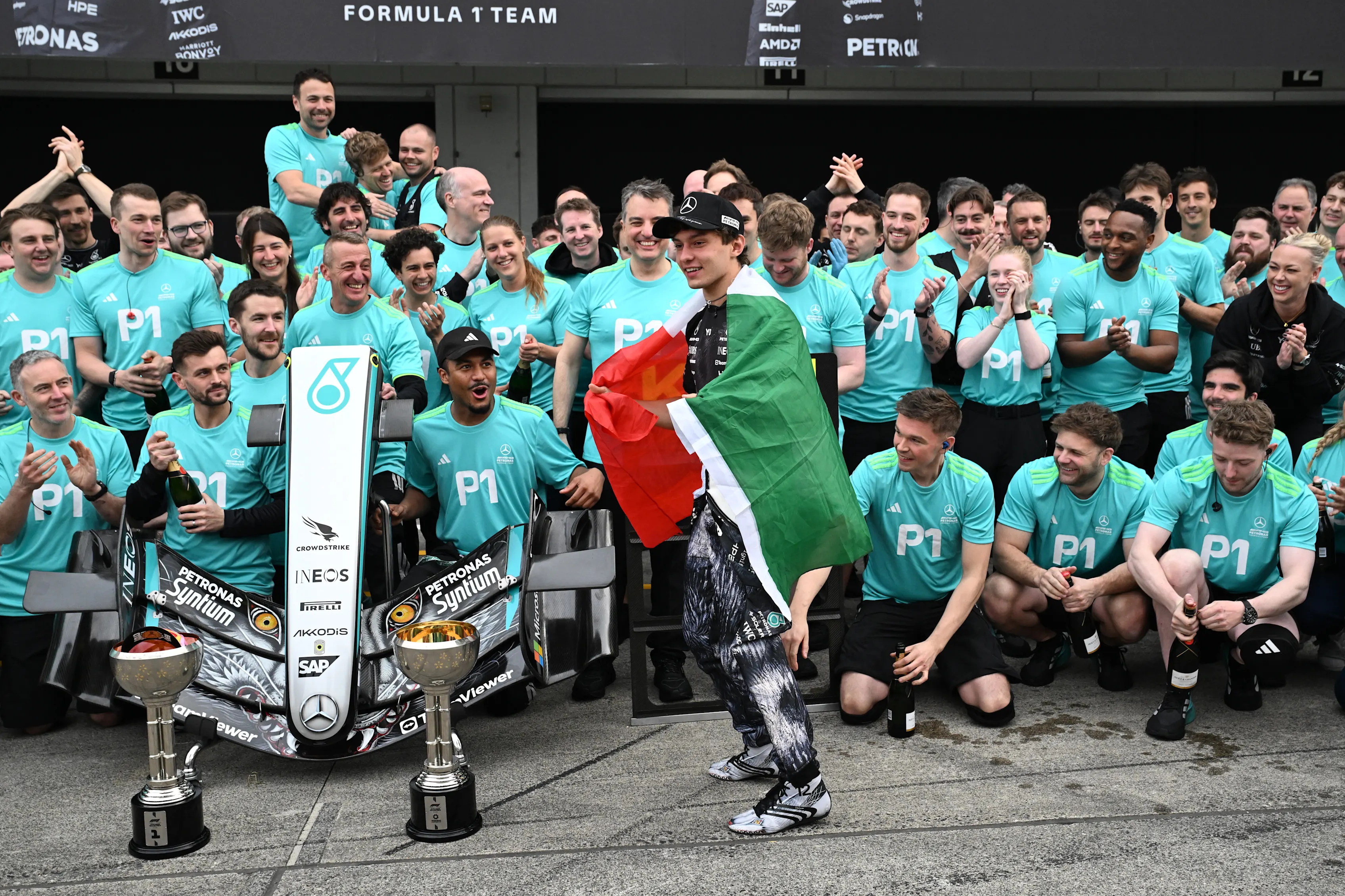 SUZUKA, JAPAN - MARCH 29: Race winner Andrea Kimi Antonelli of Italy and Mercedes AMG Petronas F1