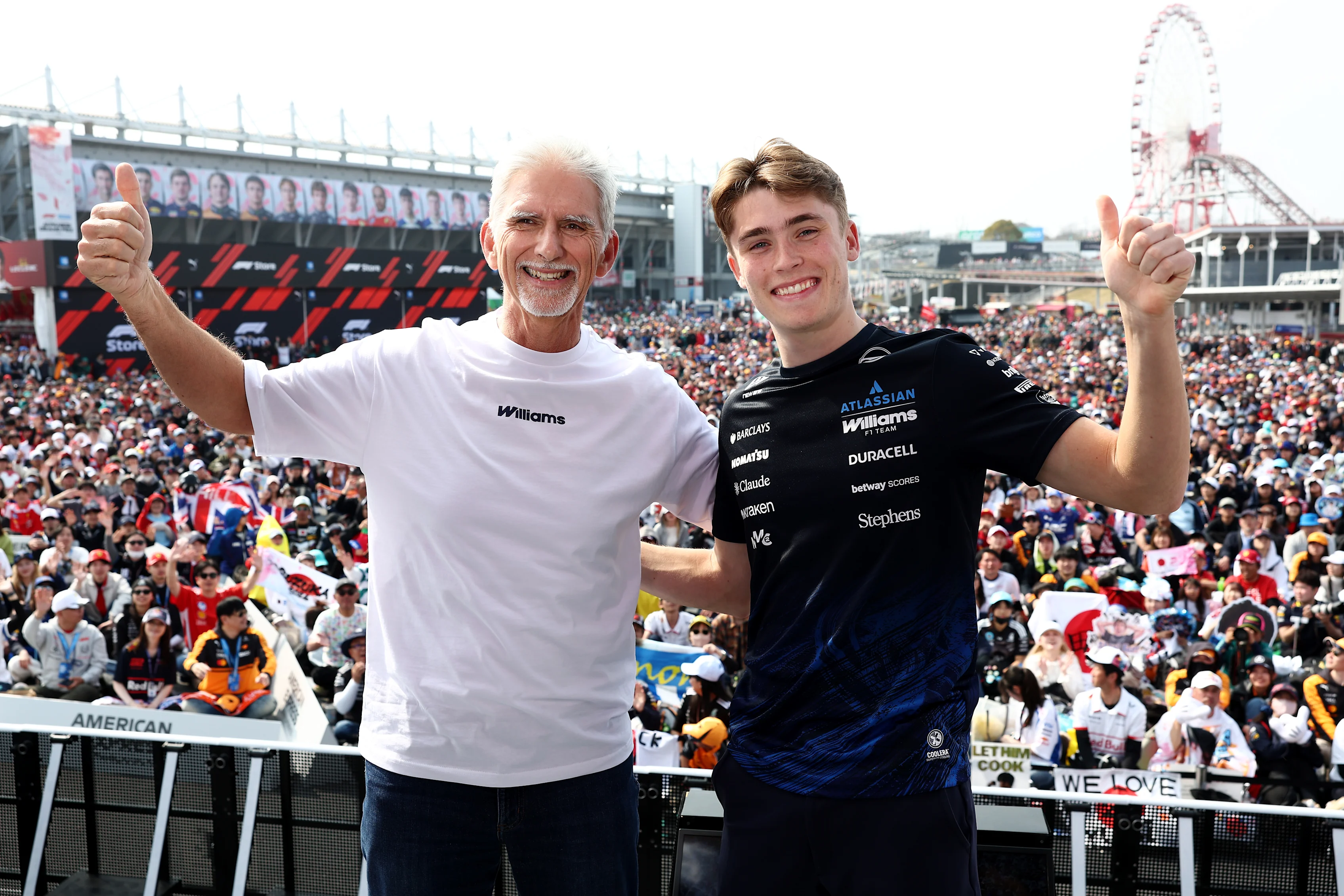 SUZUKA, JAPAN - MARCH 28: Damon Hill, Team Ambassador for Williams and Luke Browning of Great