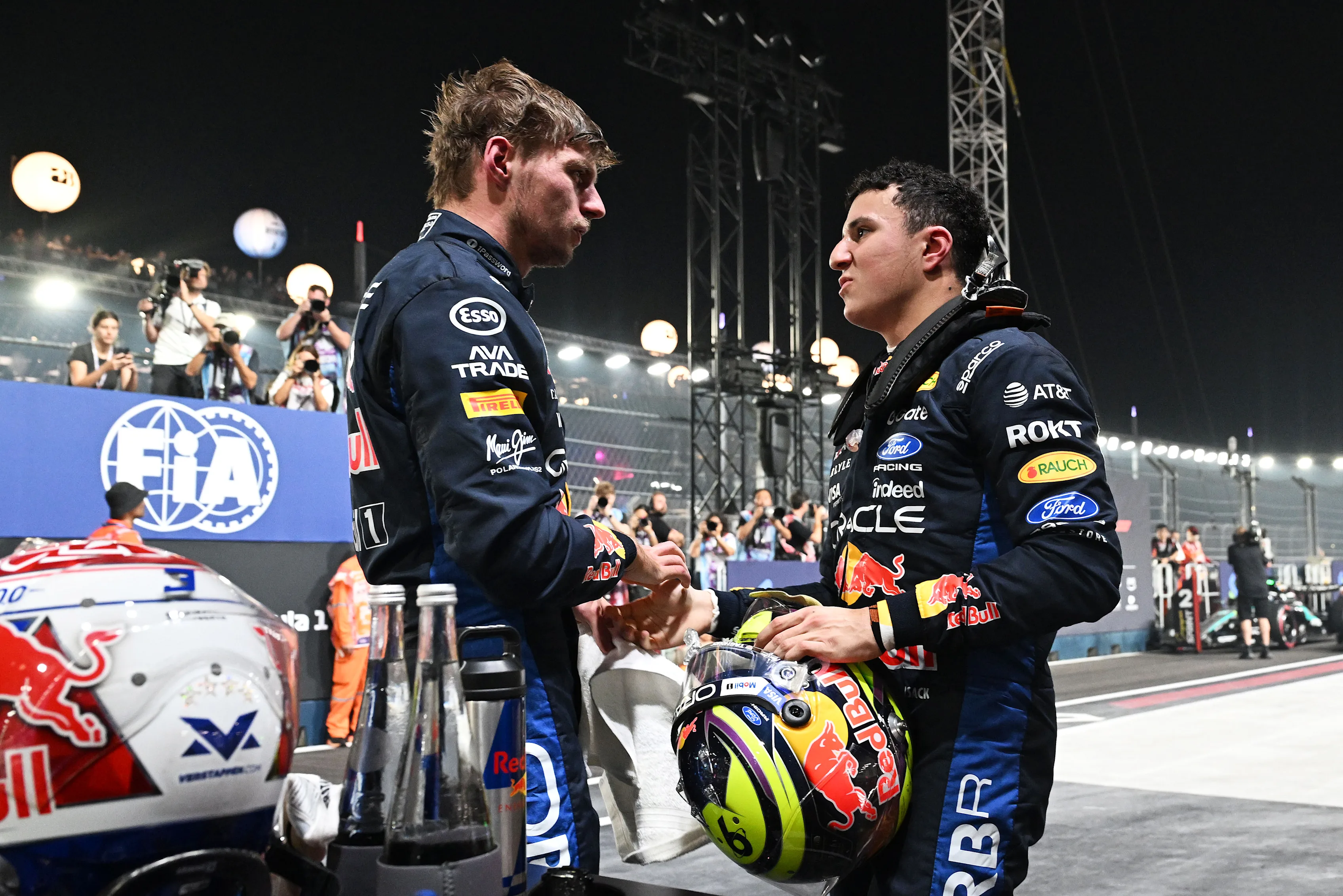 SINGAPORE, SINGAPORE - OCTOBER 09: Sprint Pole qualifier Max Verstappen of the Netherlands and