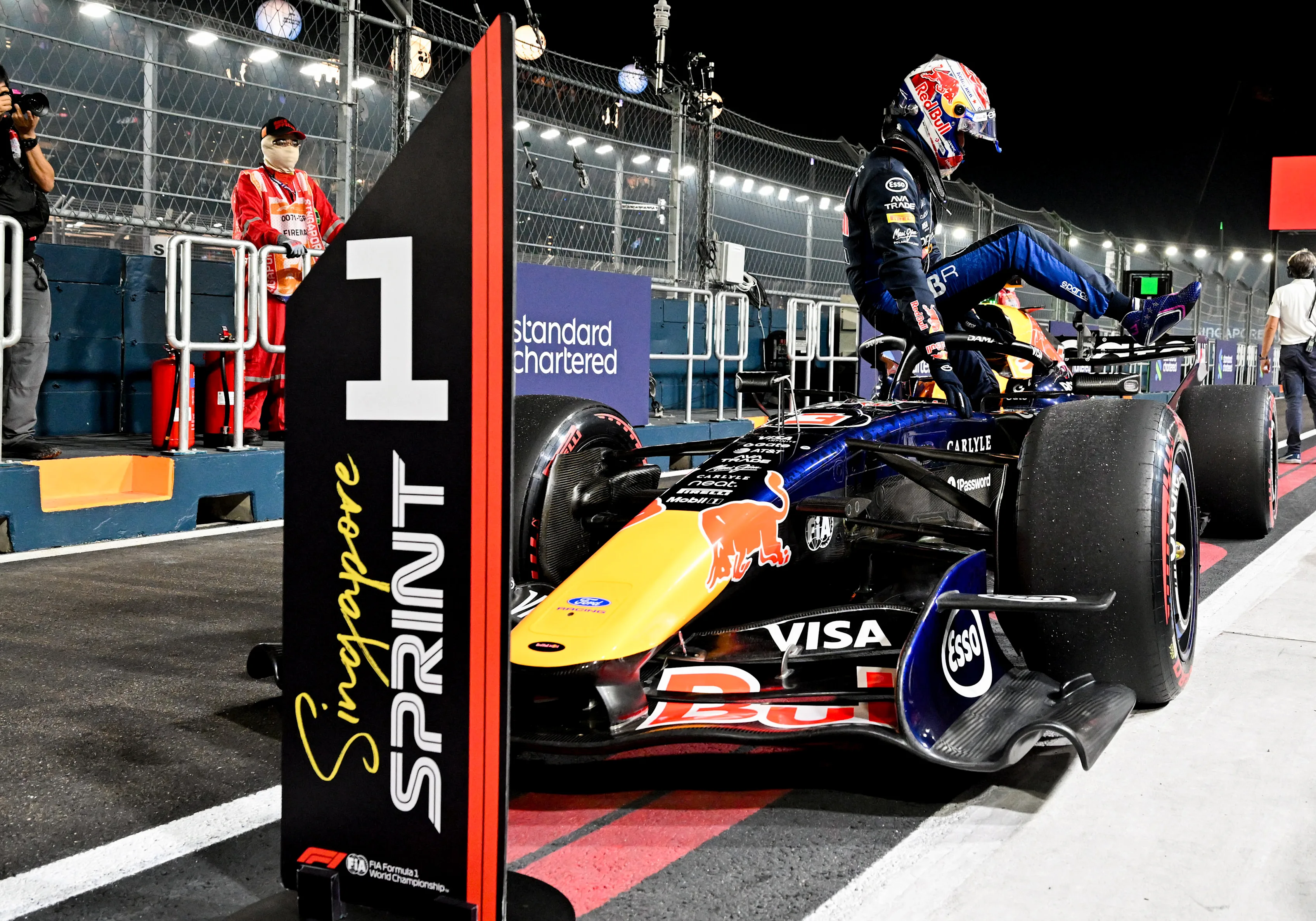 SINGAPORE, SINGAPORE - OCTOBER 09: Sprint Pole qualifier Max Verstappen of the Netherlands and