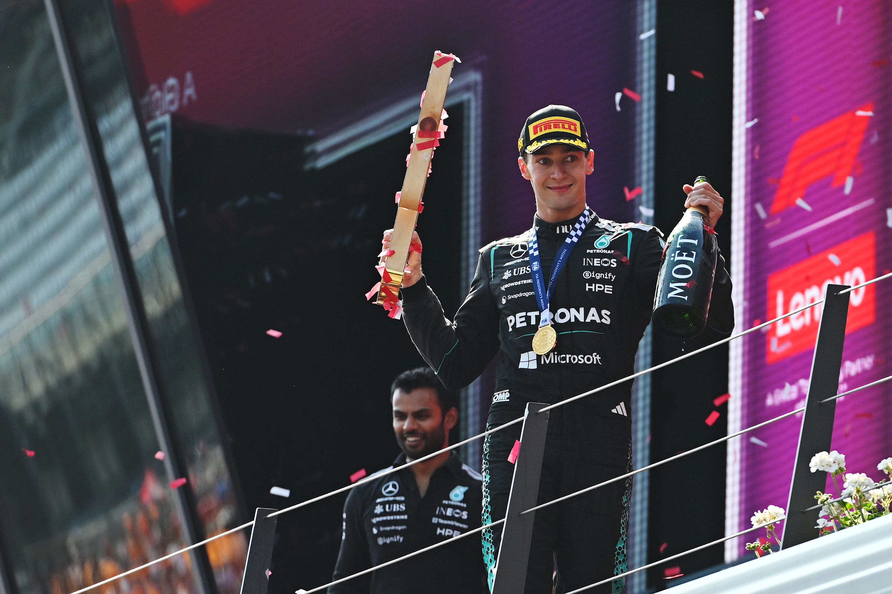 SPIELBERG, AUSTRIA - JUNE 28: Race winner George Russell of Great Britain and Mercedes AMG Petronas