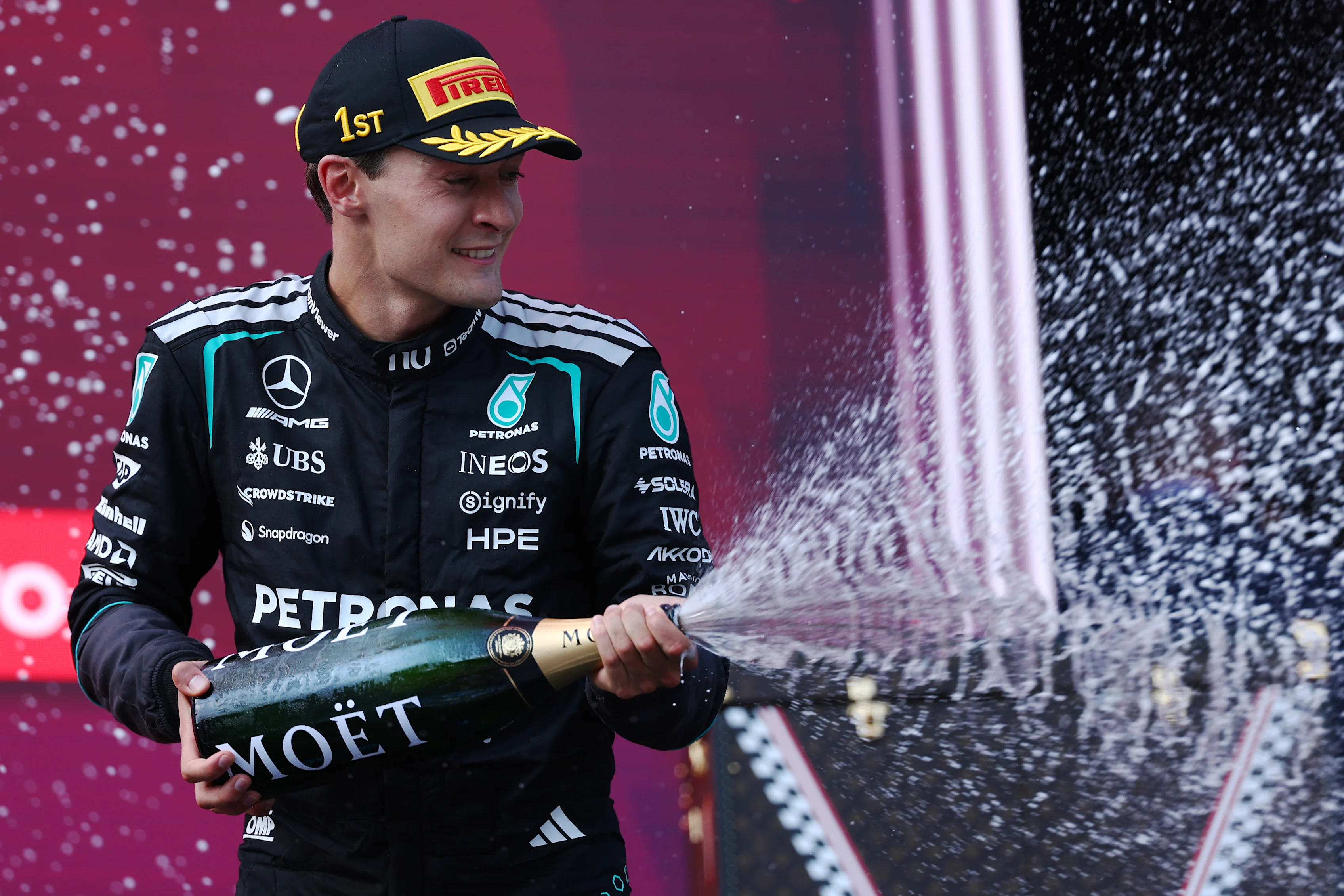 SPIELBERG, AUSTRIA - JUNE 28: Race winner George Russell of Great Britain and Mercedes AMG Petronas