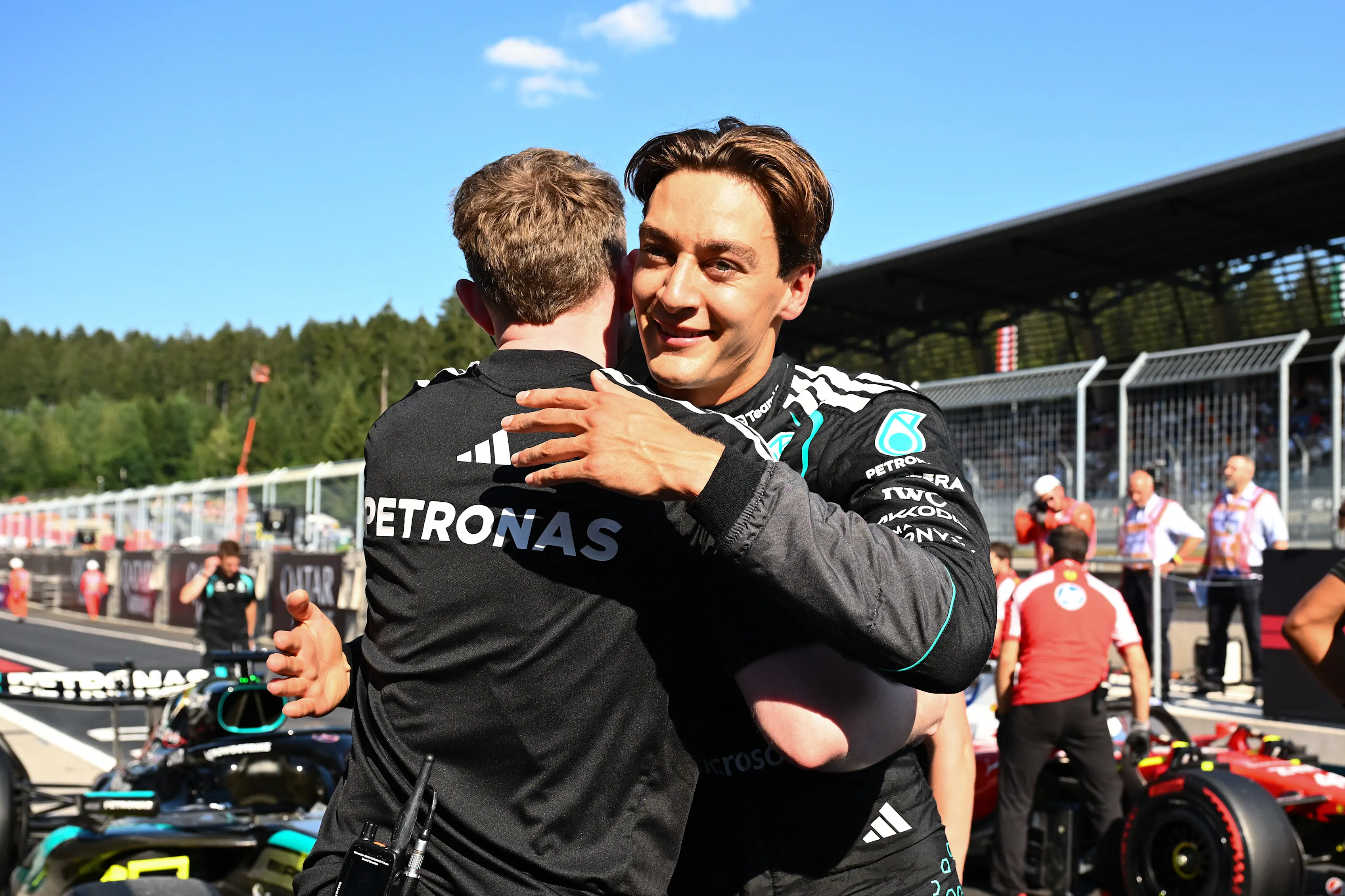 SPIELBERG, AUSTRIA - JUNE 27: Pole position qualifier George Russell of Great Britain and Mercedes