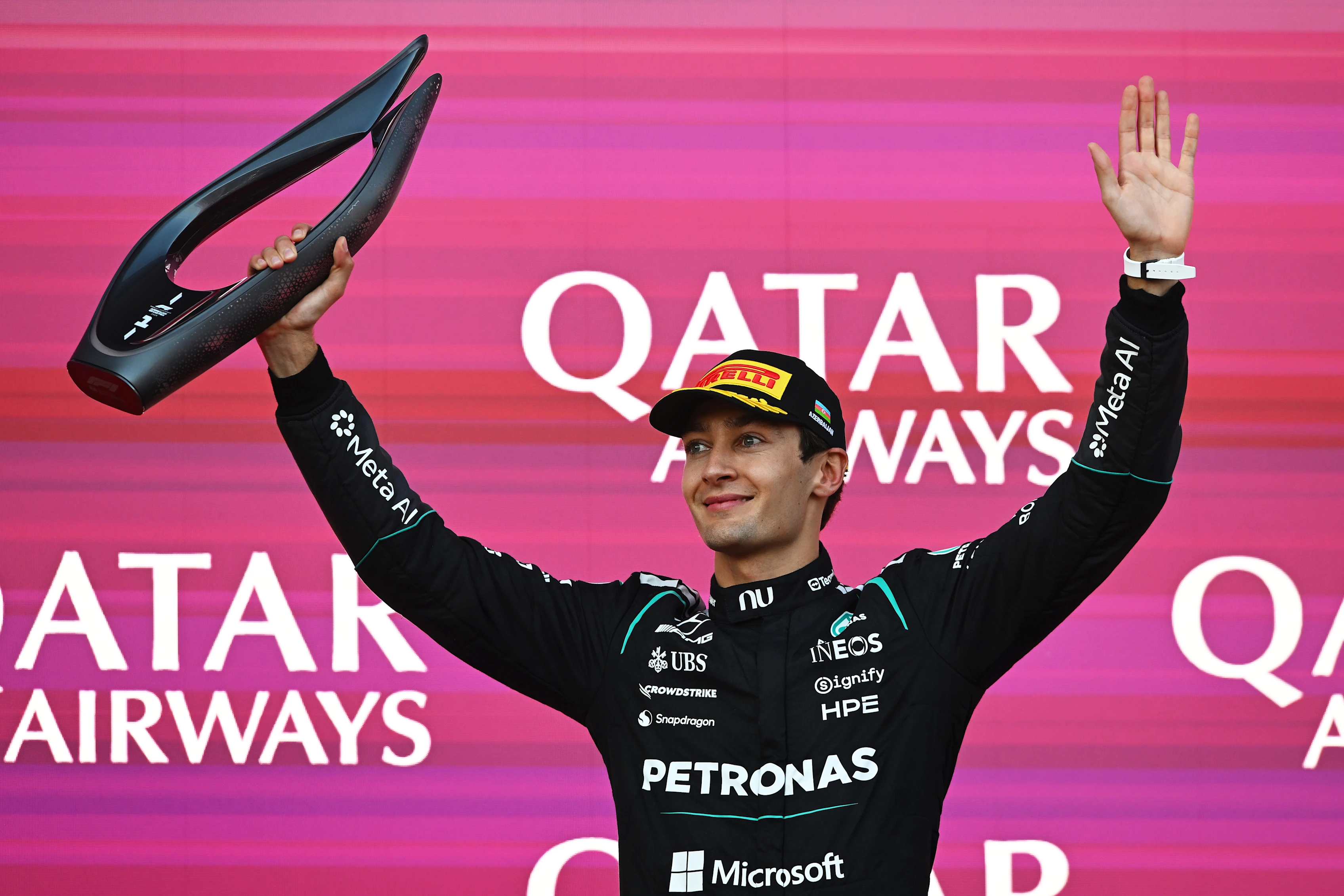 BAKU, AZERBAIJAN - SEPTEMBER 26: Race winner George Russell of Great Britain and Mercedes AMG