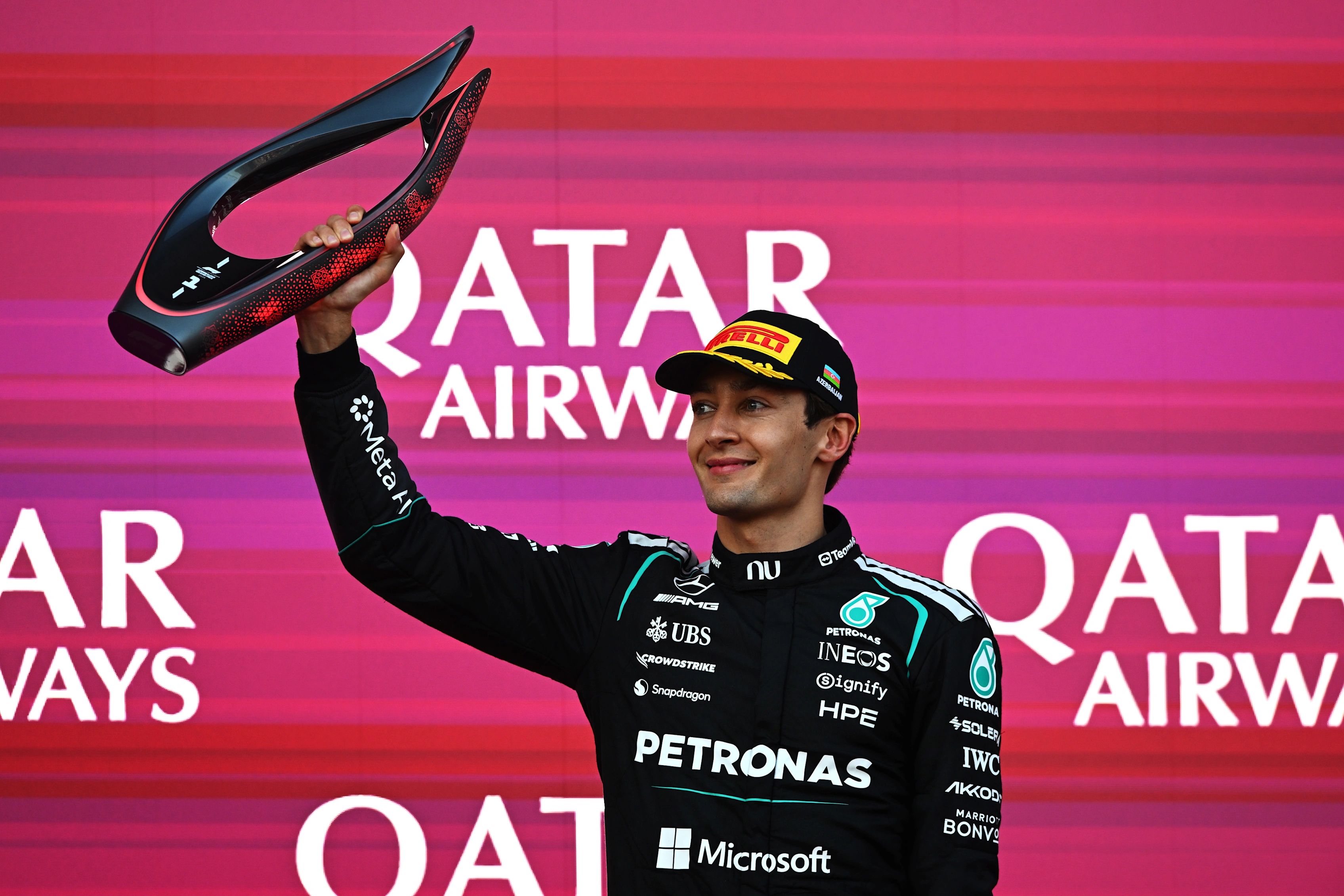 BAKU, AZERBAIJAN - SEPTEMBER 26: Race winner George Russell of Great Britain and Mercedes AMG
