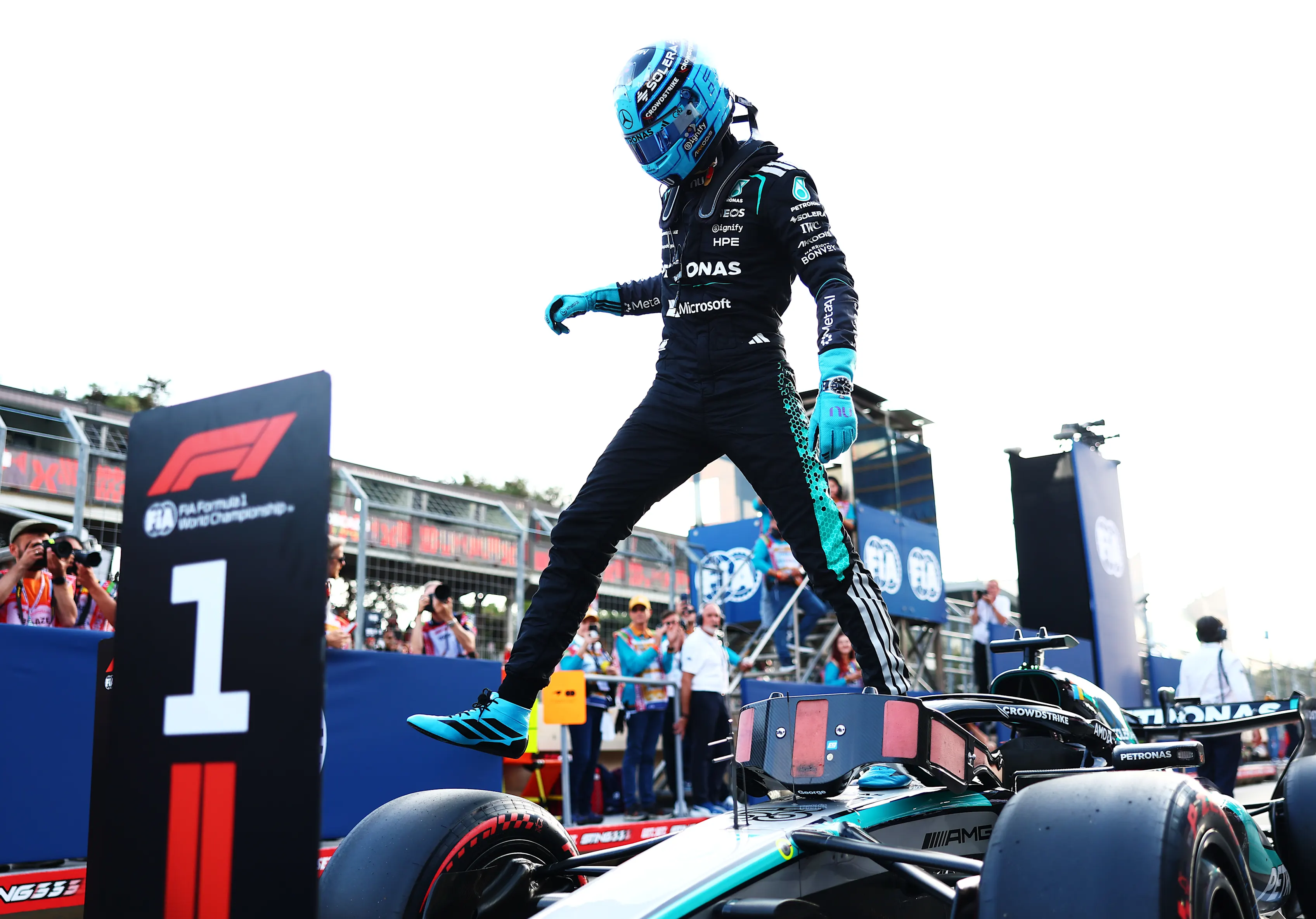 BAKU, AZERBAIJAN - SEPTEMBER 25: Pole position qualifier George Russell of Great Britain and