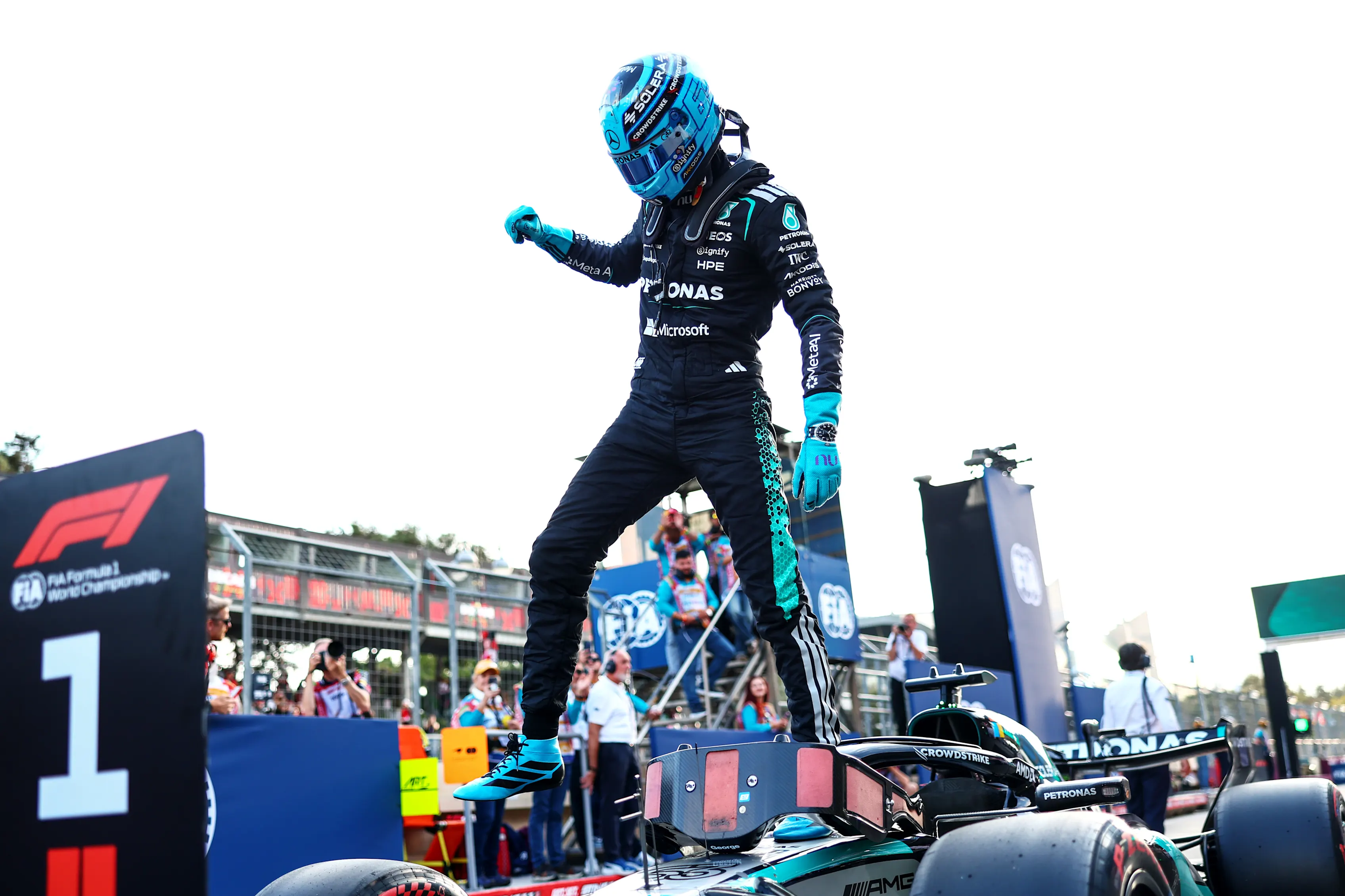 BAKU, AZERBAIJAN - SEPTEMBER 25: Pole position qualifier George Russell of Great Britain and