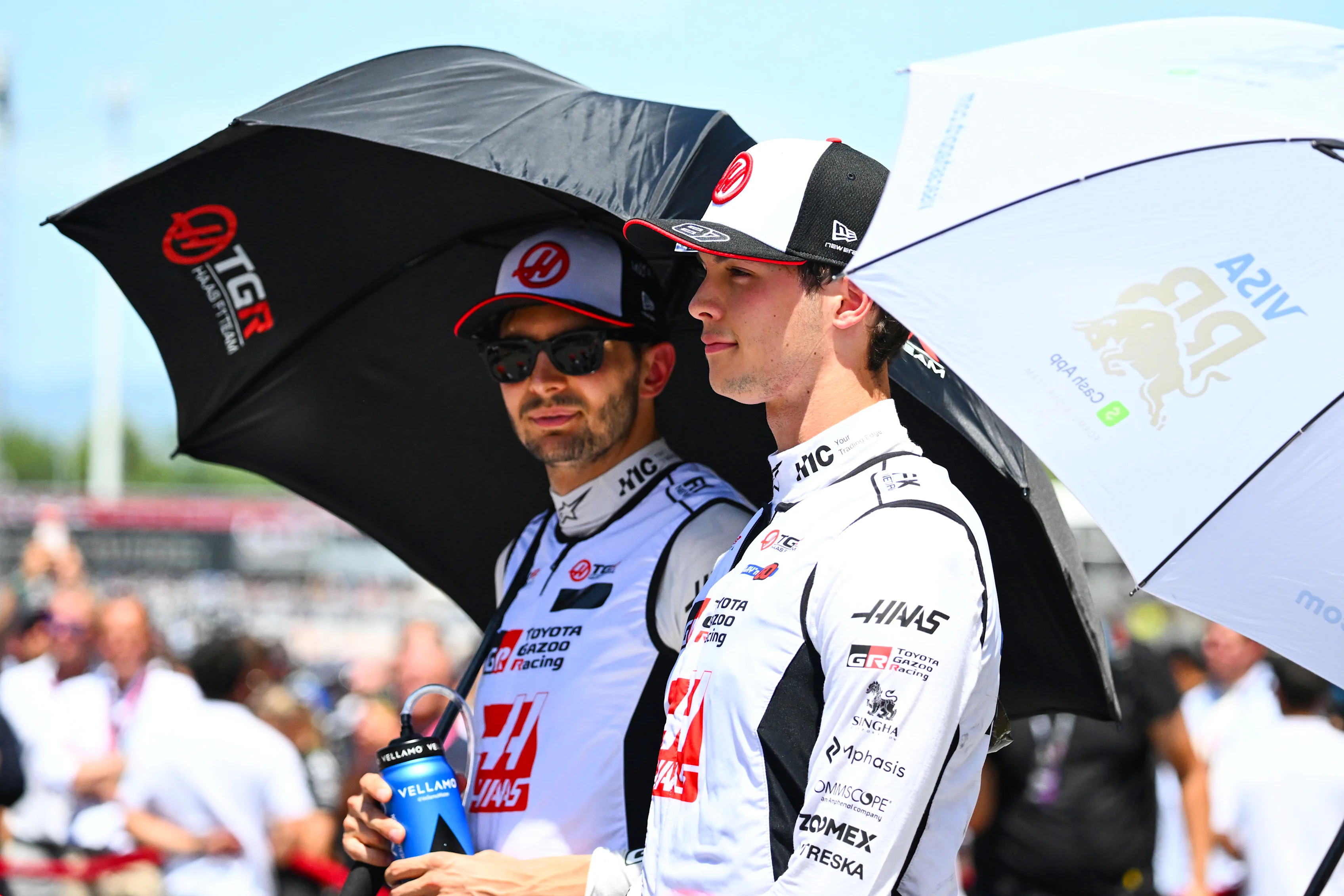 BARCELONA, SPAIN - JUNE 14: Esteban Ocon of France and Haas F1 and Oliver Bearman of Great Britain
