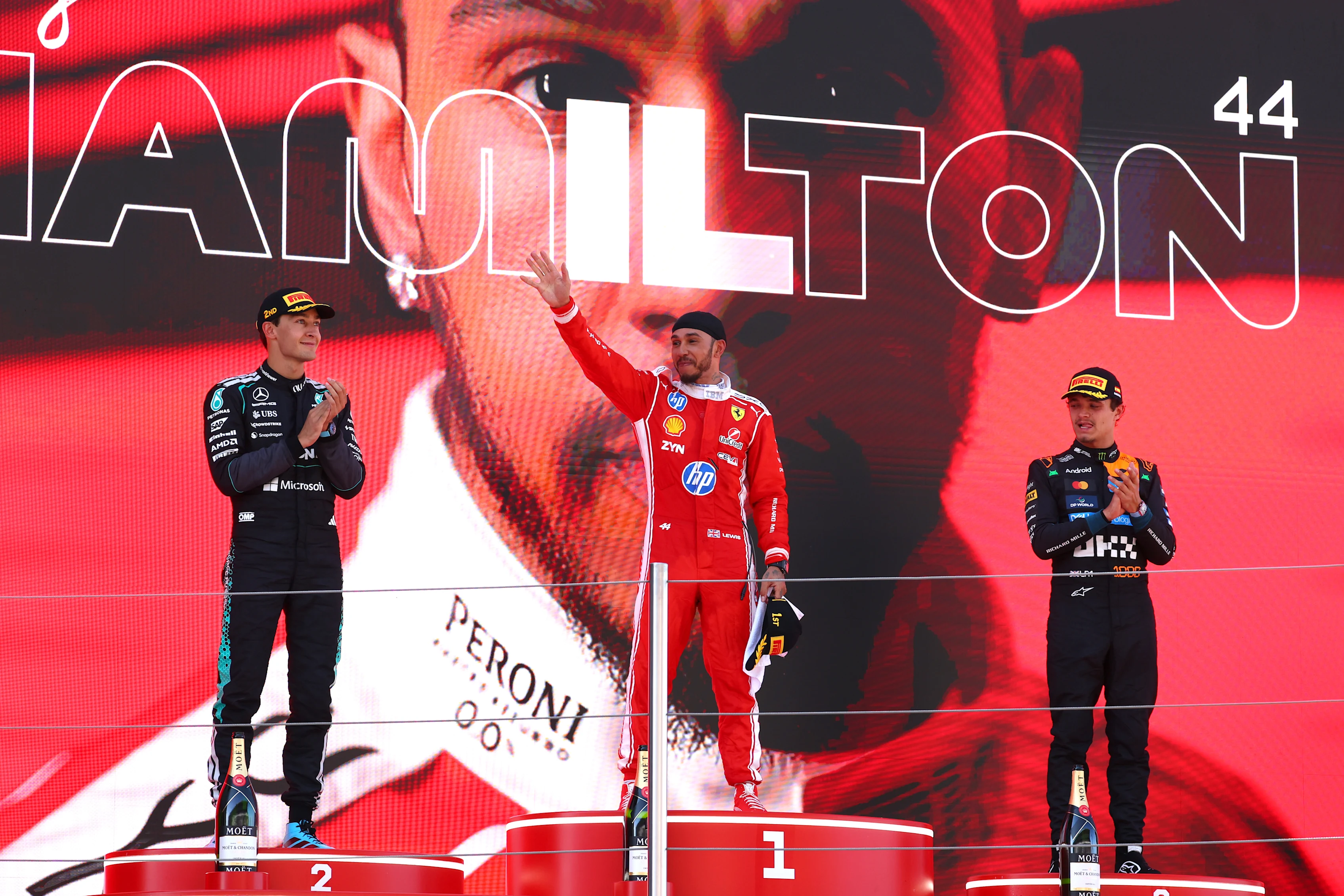 BARCELONA, SPAIN - JUNE 14: Race winner Lewis Hamilton of Great Britain and Scuderia Ferrari Second