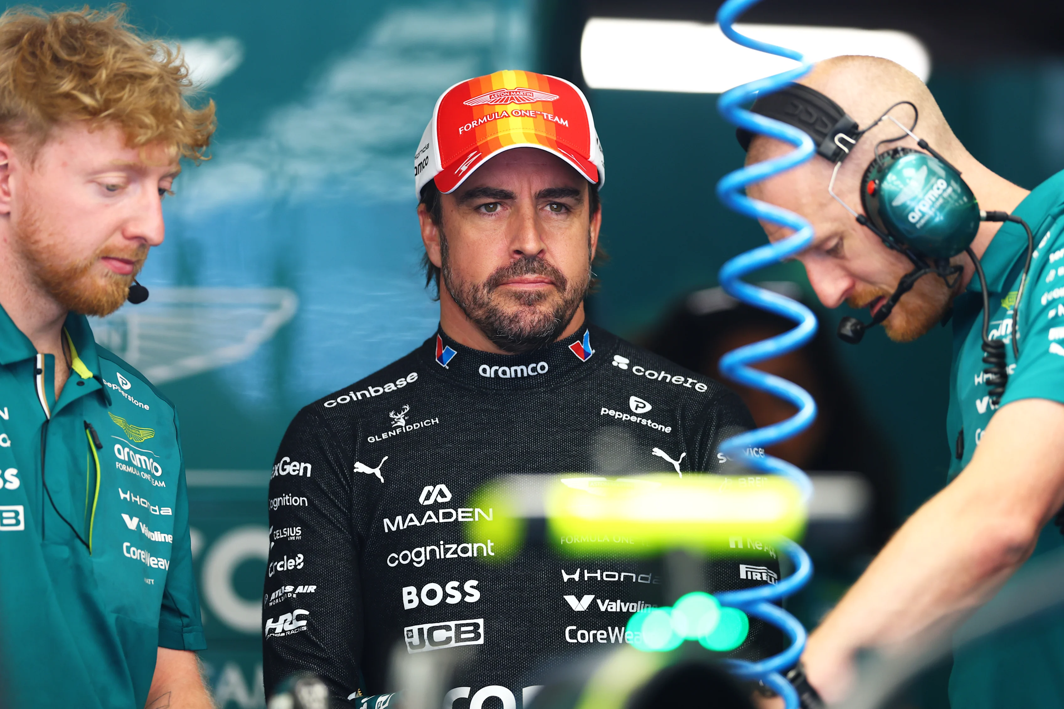 BARCELONA, SPAIN - JUNE 13: Fernando Alonso of Spain and Aston Martin F1 Team looks on in the