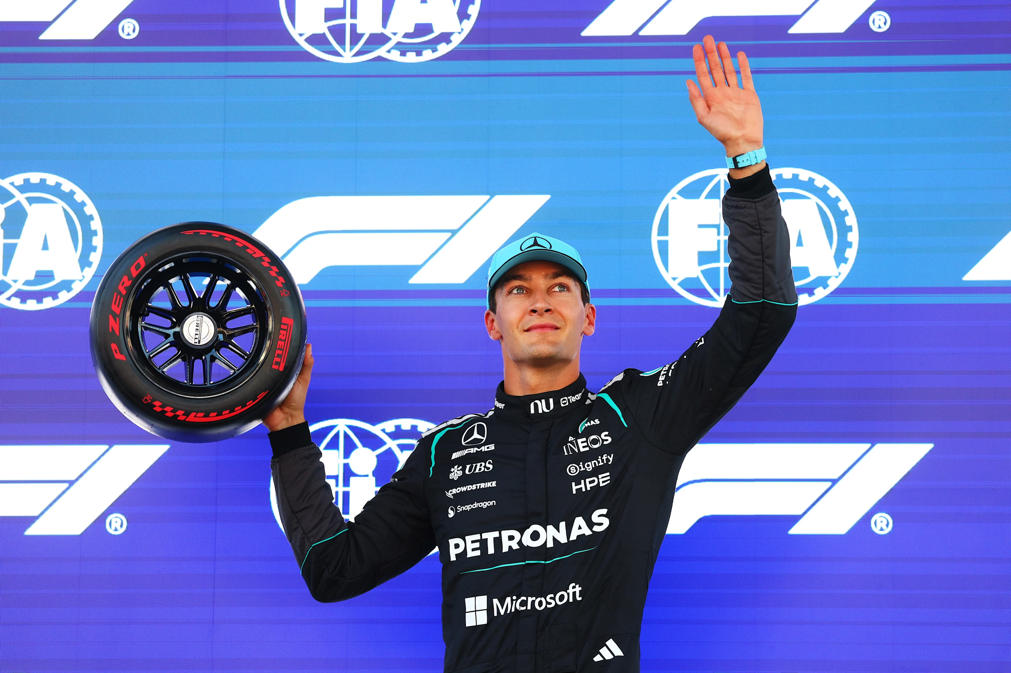 BARCELONA, SPAIN - JUNE 13: Pole position qualifier George Russell of Great Britain and Mercedes