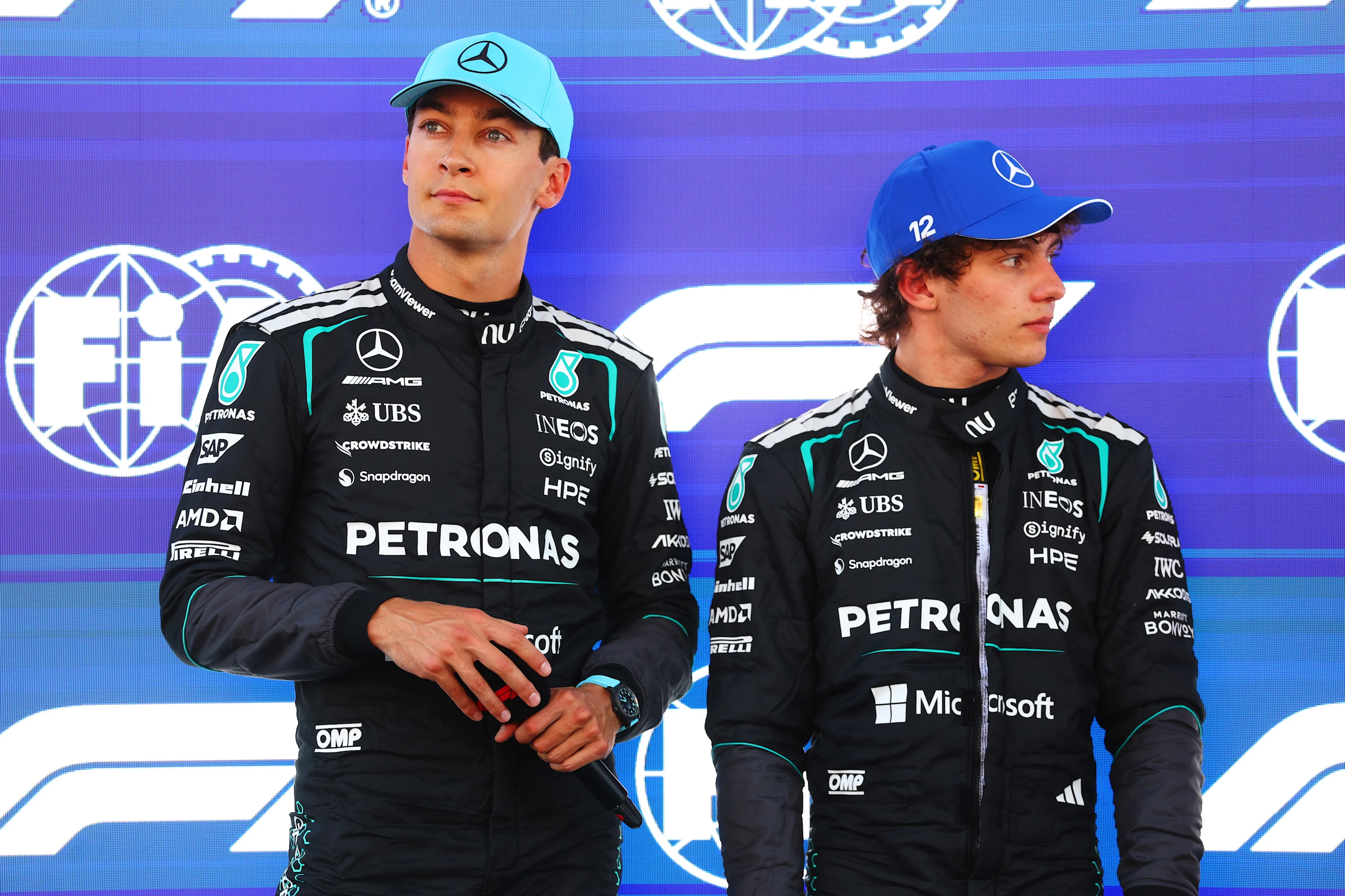 BARCELONA, SPAIN - JUNE 13: Pole position qualifier George Russell of Great Britain and Mercedes