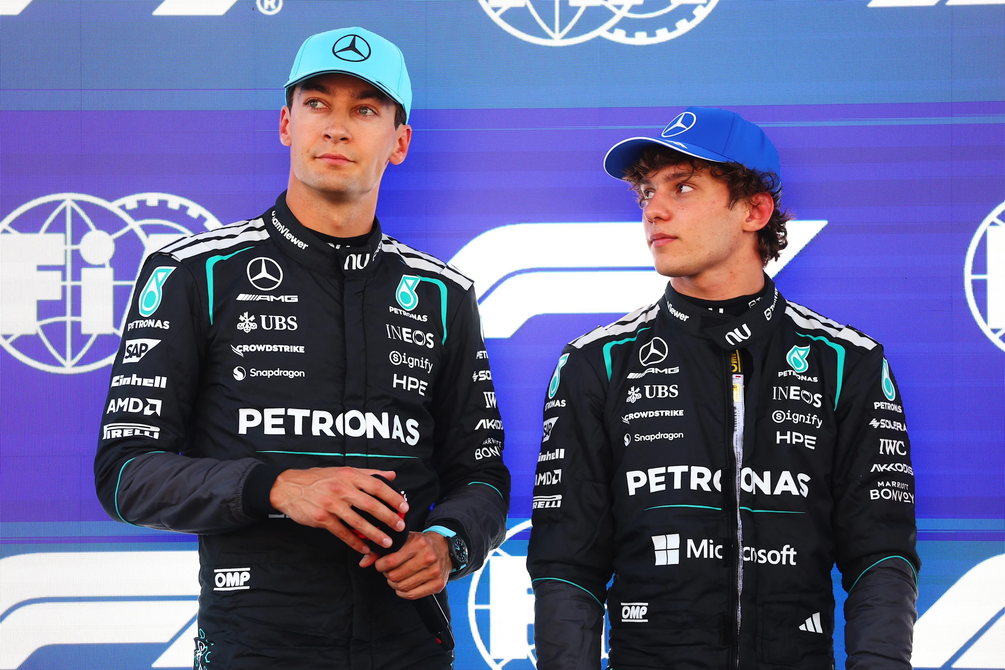 BARCELONA, SPAIN - JUNE 13: Pole position qualifier George Russell of Great Britain and Mercedes