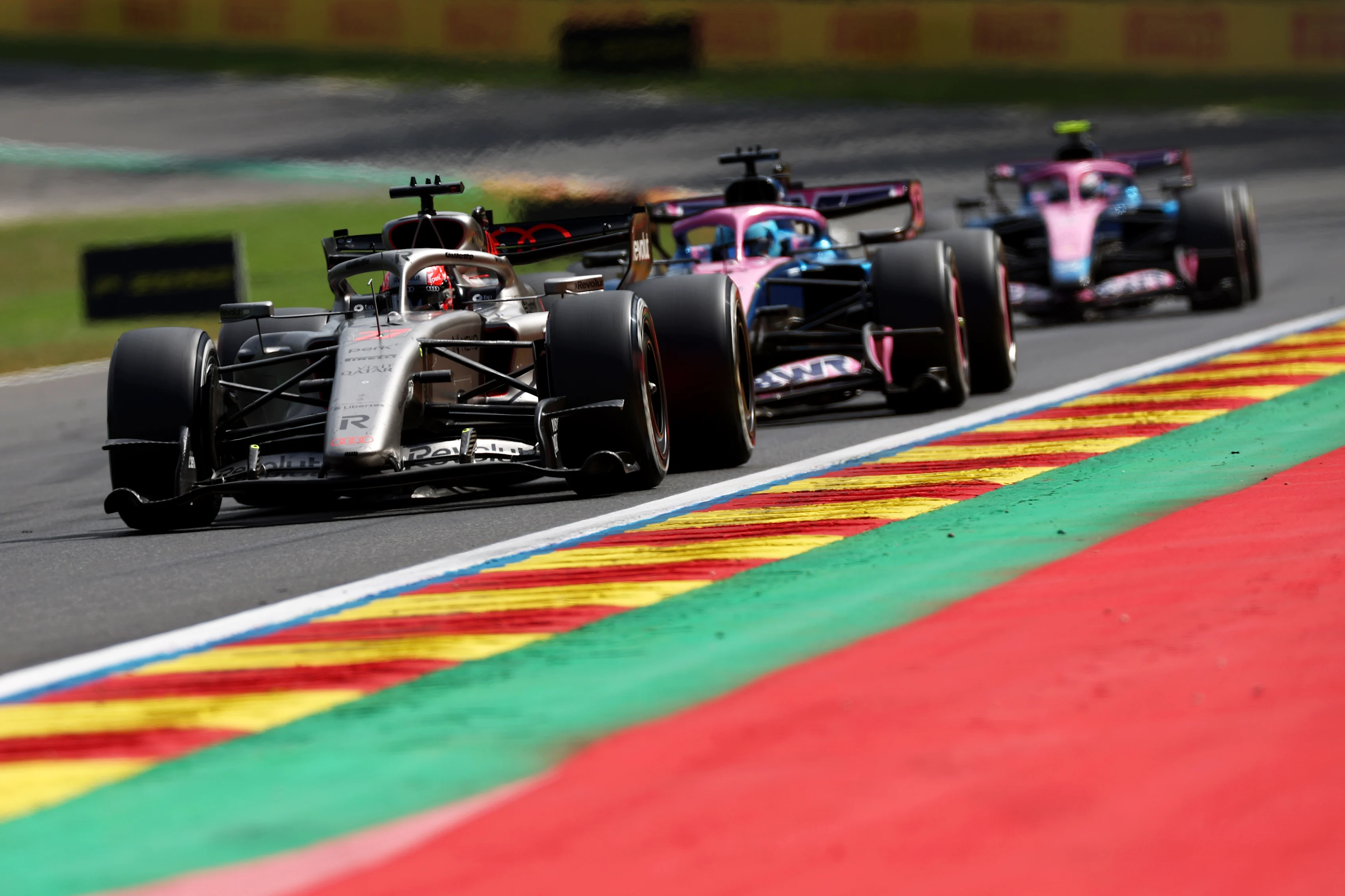 SPA, BELGIUM - JULY 19: Nico Hulkenberg of Germany driving the (27) Audi F1 Team R26 leads Pierre