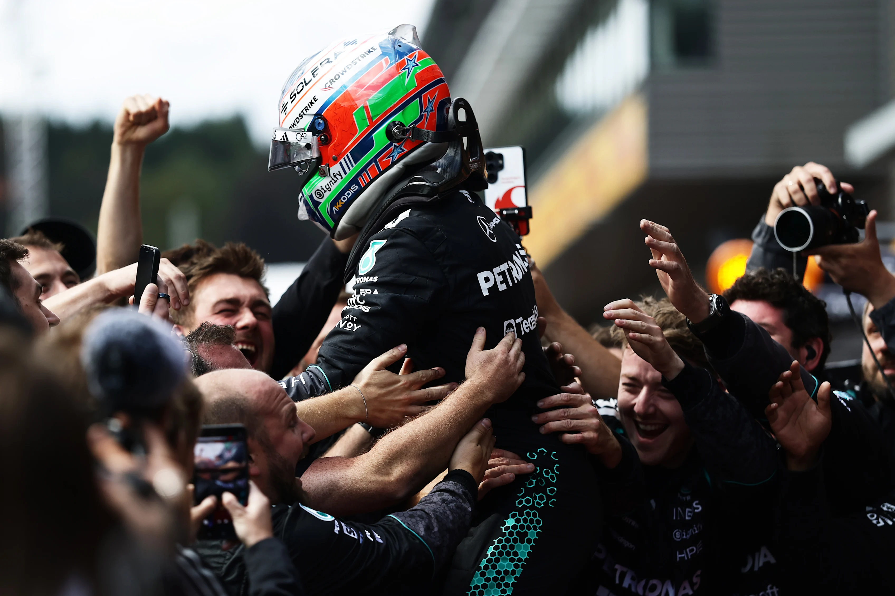 SPA, BELGIUM - JULY 19: Race winner Andrea Kimi Antonelli of Italy and Mercedes AMG Petronas F1