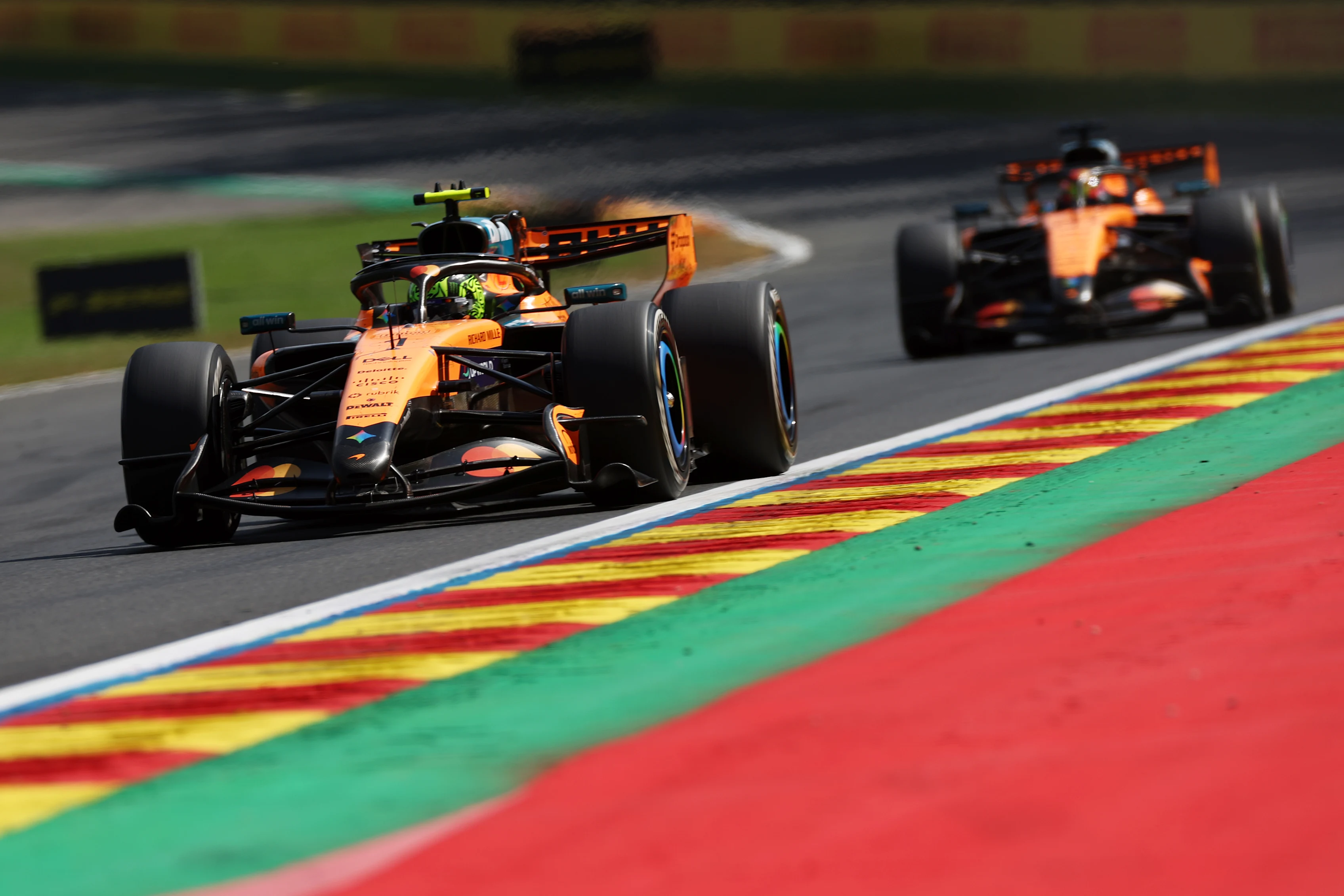 SPA, BELGIUM - JULY 19: Lando Norris of Great Britain driving the (1) McLaren MCL40 Mercedes leads