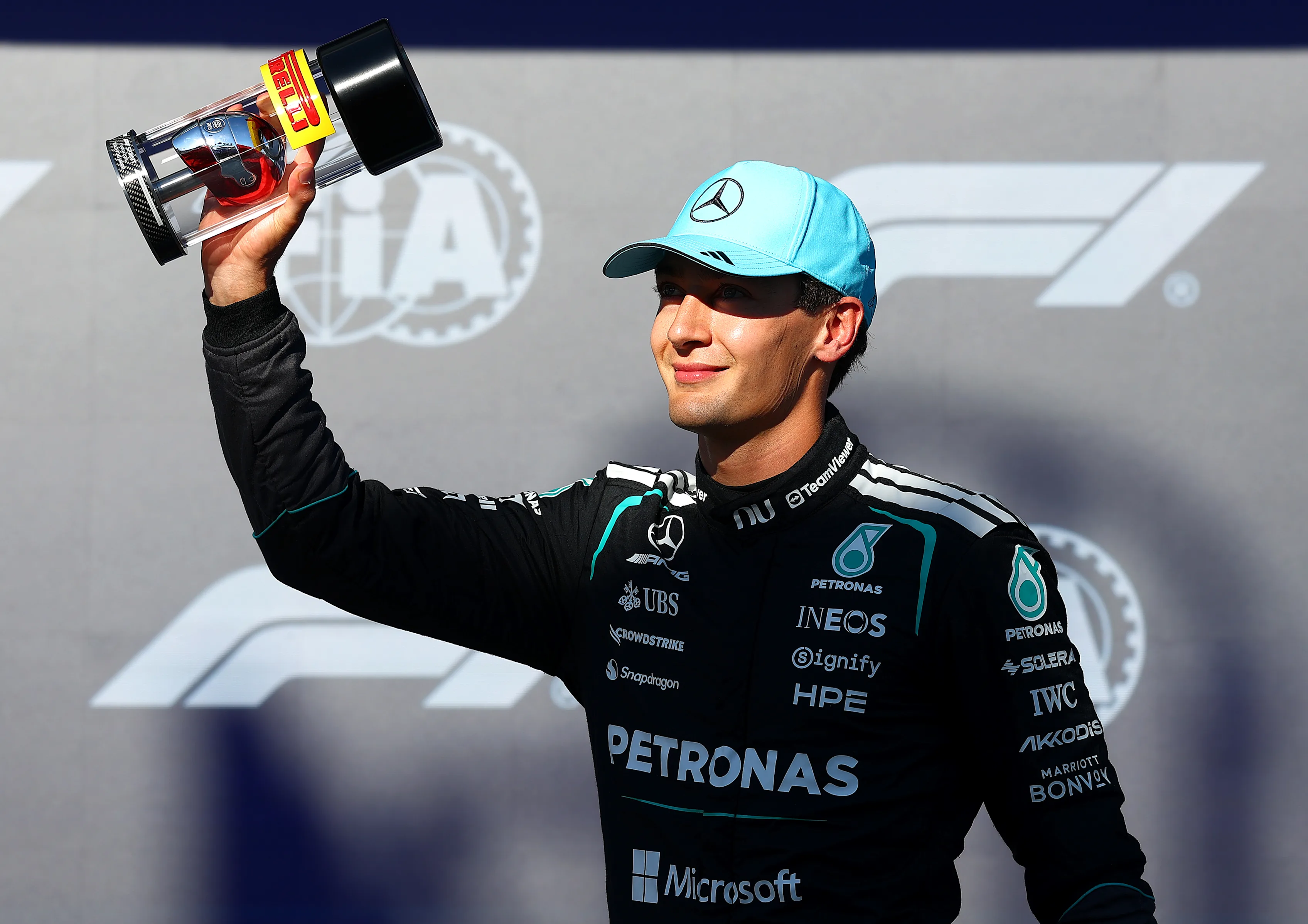 MONTREAL, QUEBEC - MAY 22: Sprint Pole qualifier George Russell of Great Britain and Mercedes AMG