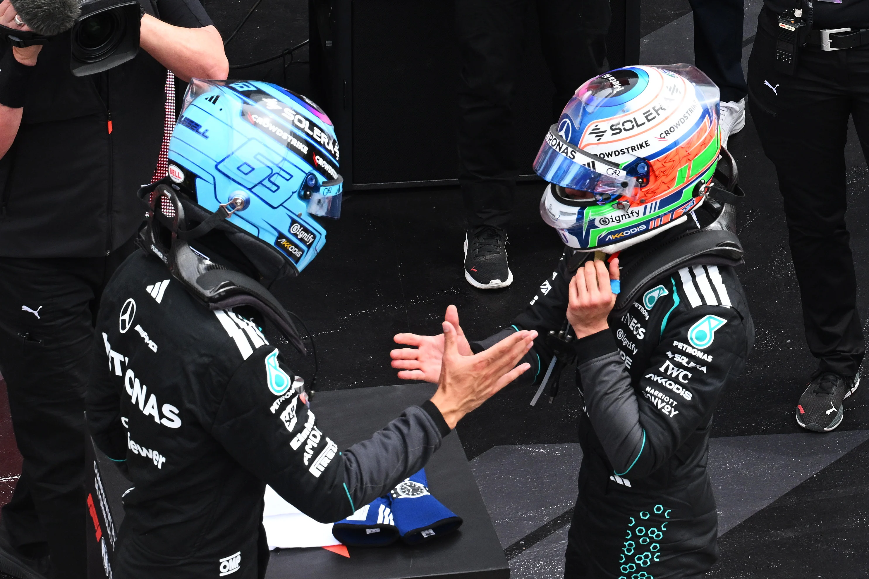 MONTREAL, QUEBEC - MAY 23: Sprint winner George Russell of Great Britain and Mercedes AMG Petronas