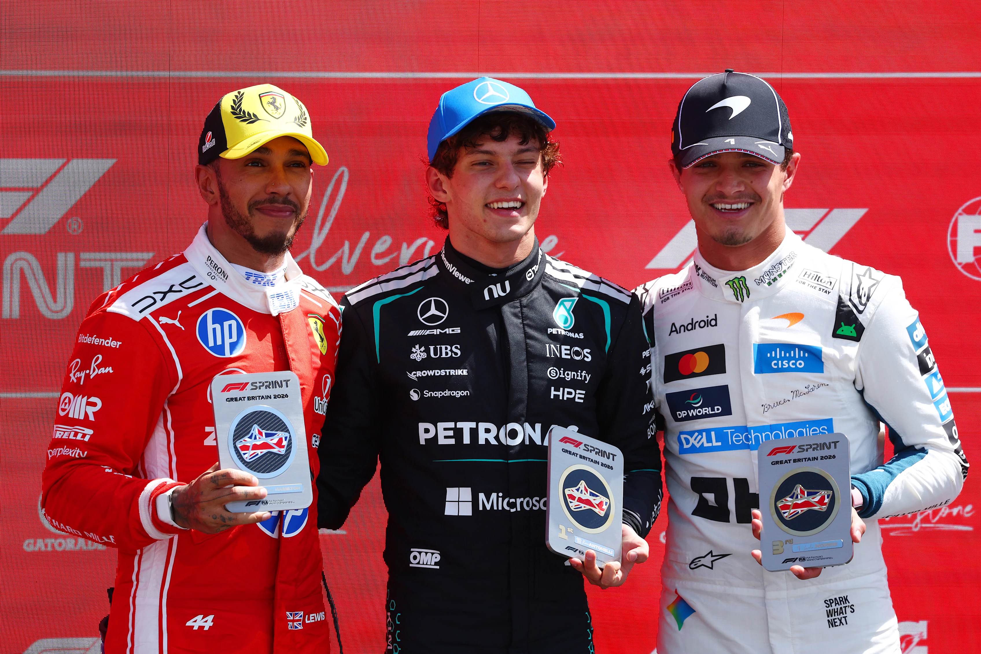 NORTHAMPTON, ENGLAND - JULY 04: Sprint winner Andrea Kimi Antonelli of Italy and Mercedes AMG