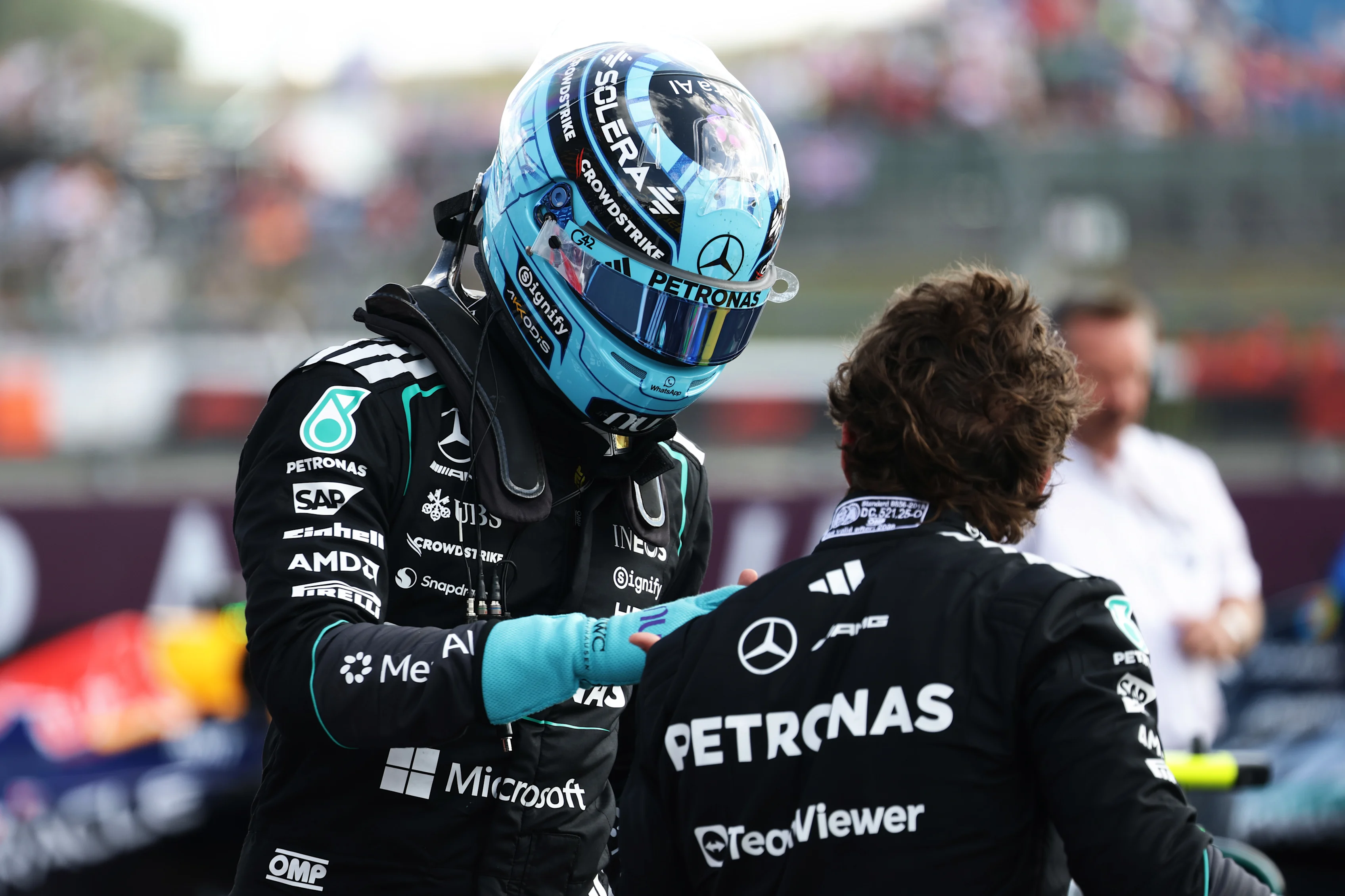NORTHAMPTON, ENGLAND - JULY 02: George Russell of Great Britain and Mercedes AMG Petronas F1 Team