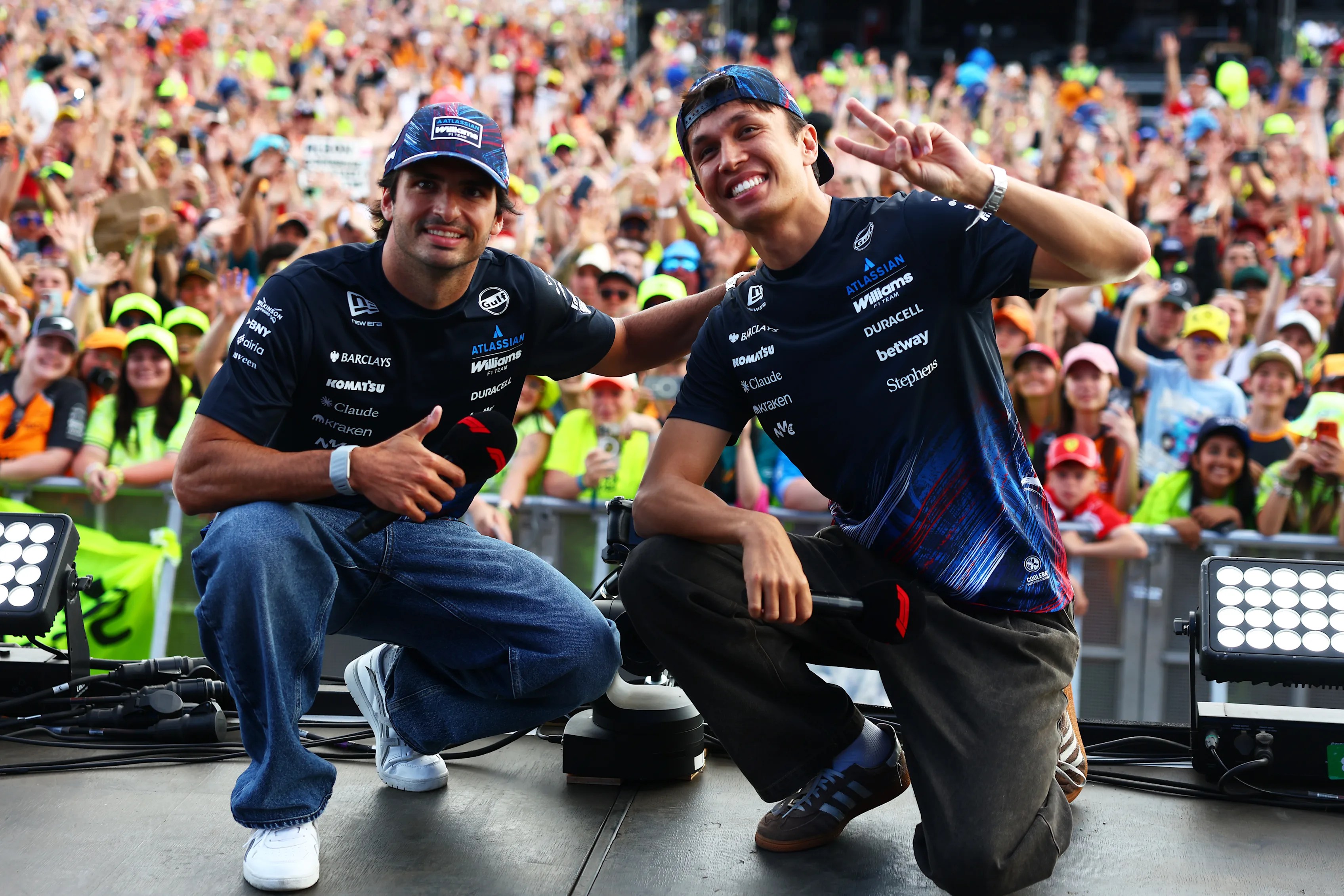 NORTHAMPTON, ENGLAND - JULY 04: Carlos Sainz of Spain and Williams and Alexander Albon of Thailand