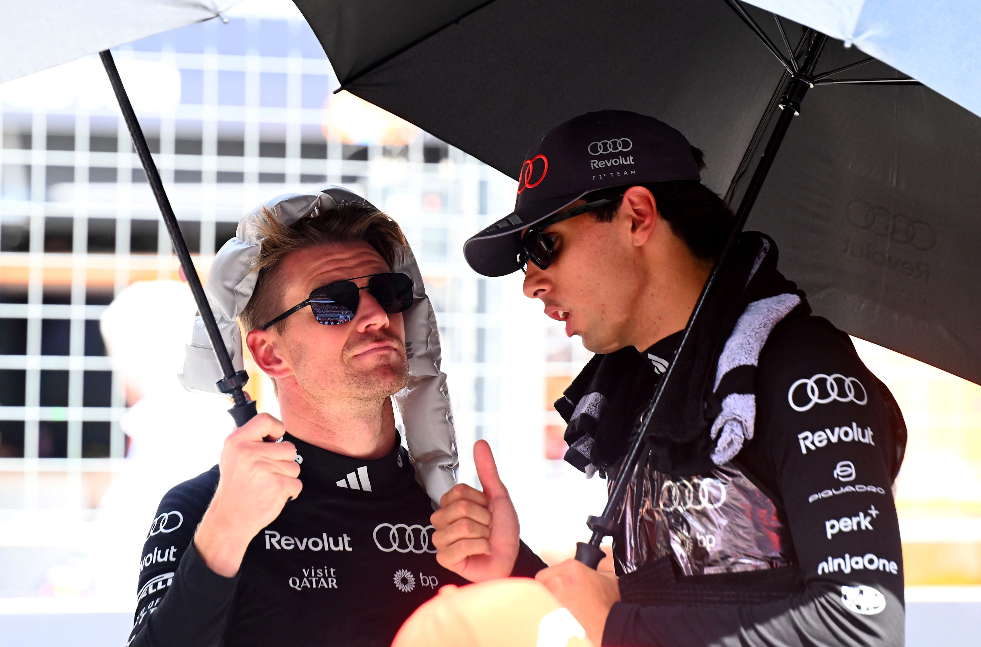 BUDAPEST, HUNGARY - JULY 26: Nico Hulkenberg of Germany and Audi F1 Team and Gabriel Bortoleto of