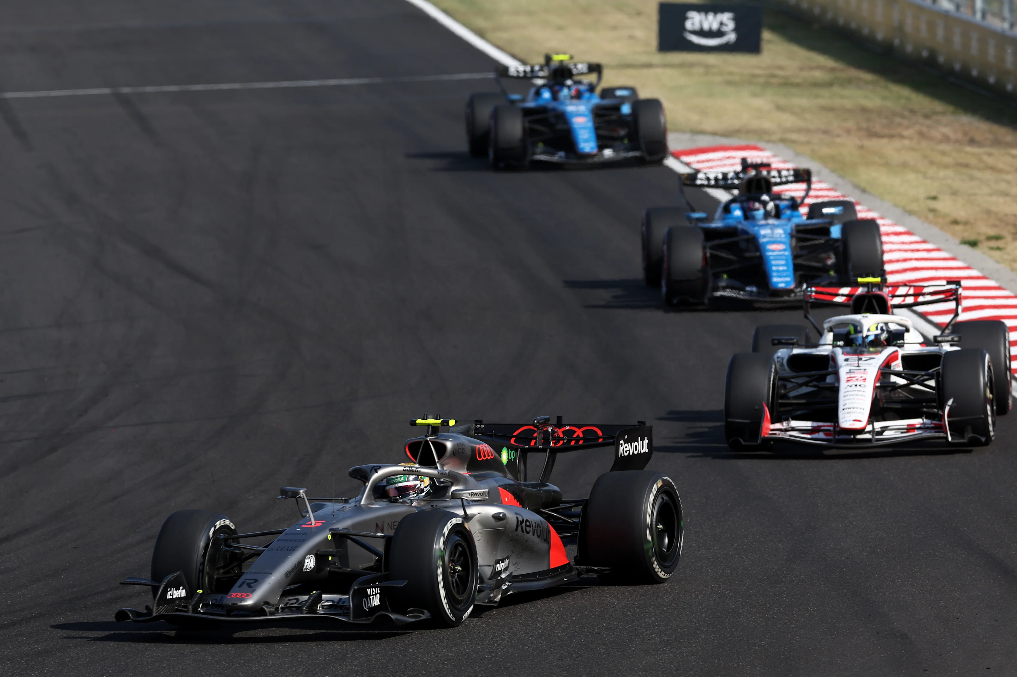 BUDAPEST, HUNGARY - JULY 26: Gabriel Bortoleto of Brazil driving the (5) Audi F1 Team R26 leads