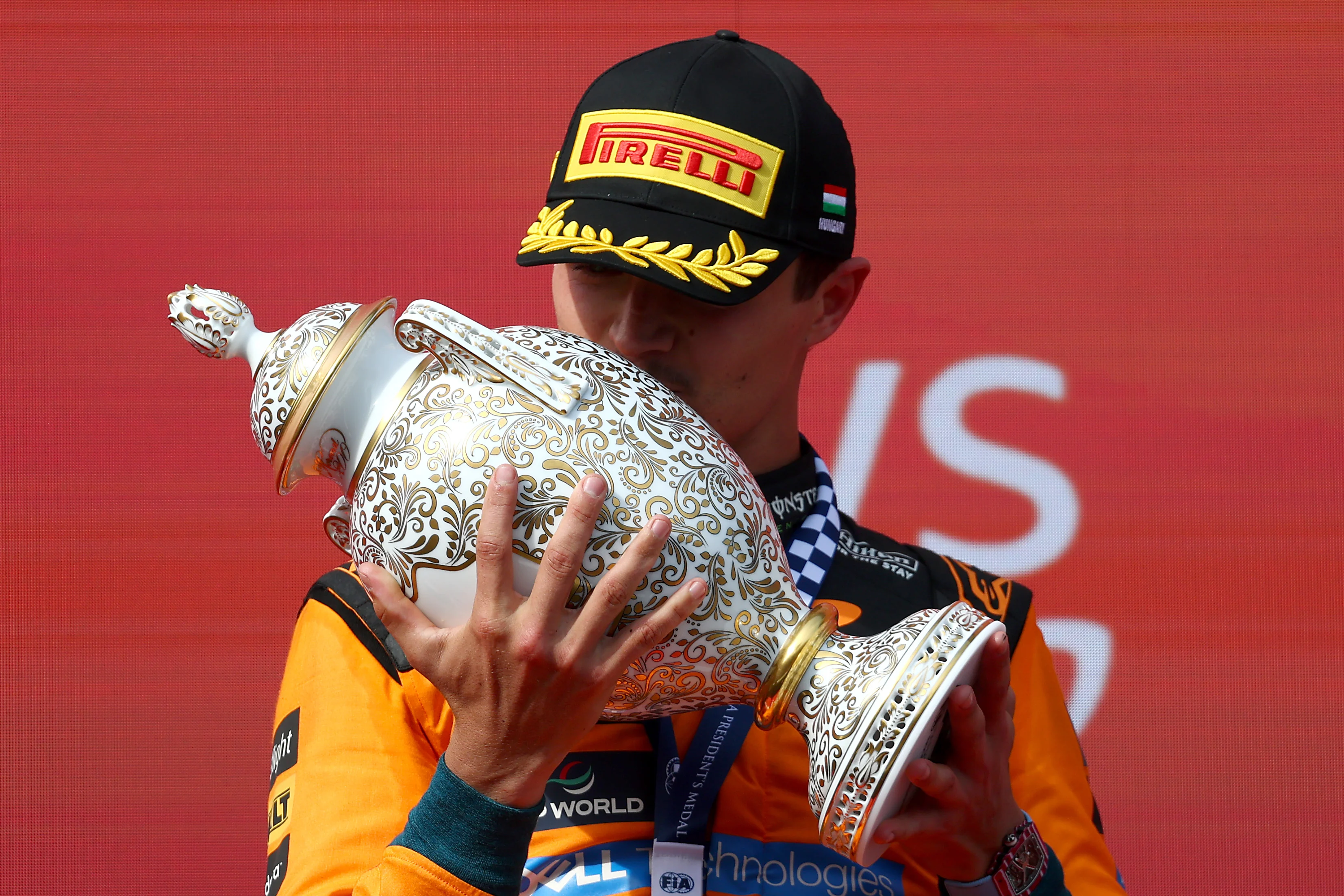 BUDAPEST, HUNGARY - JULY 26: Race winner Lando Norris of Great Britain and McLaren kisses his