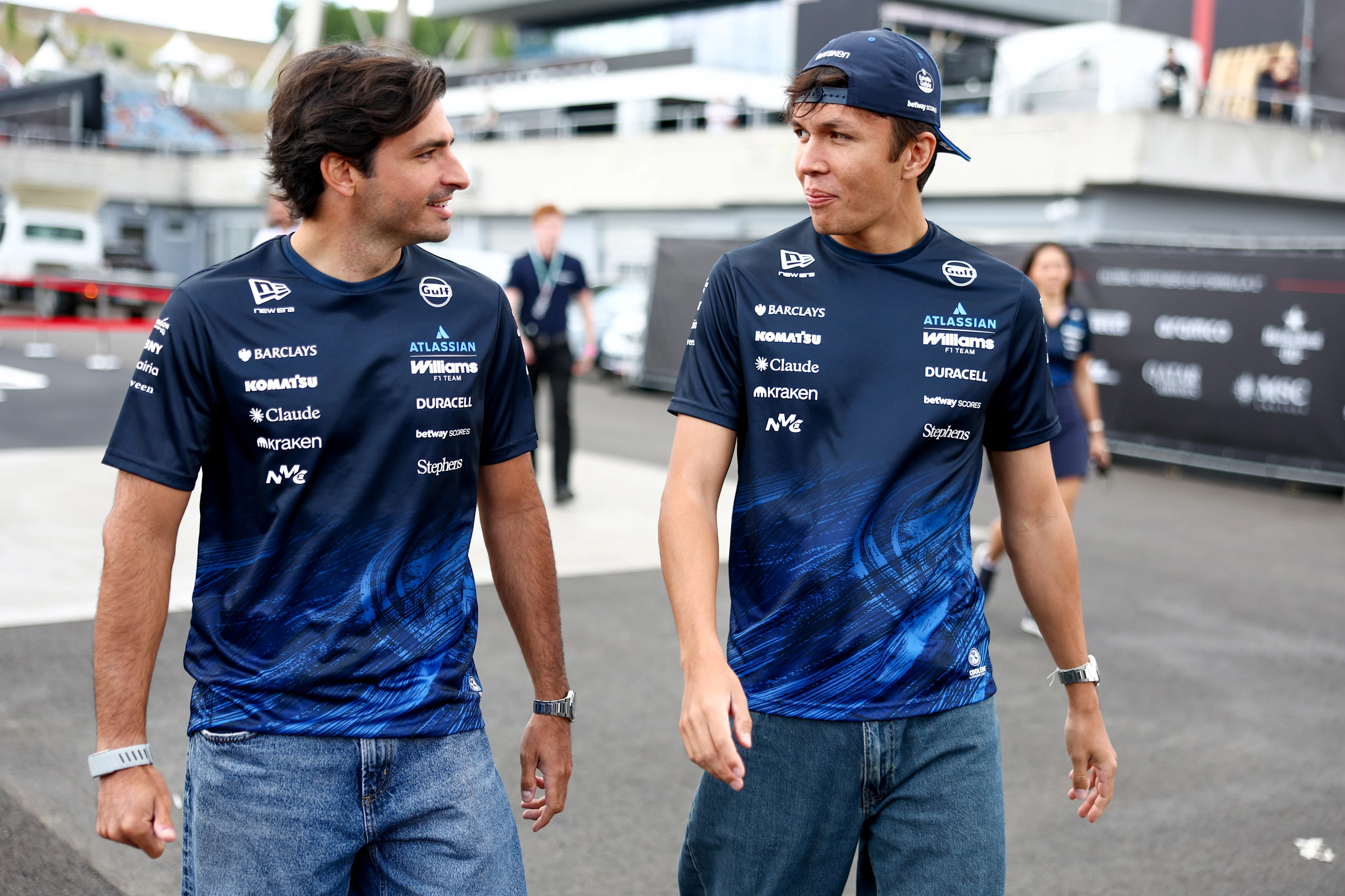 BUDAPEST, HUNGARY - JULY 24: Carlos Sainz of Spain and Williams and Alexander Albon of Thailand and