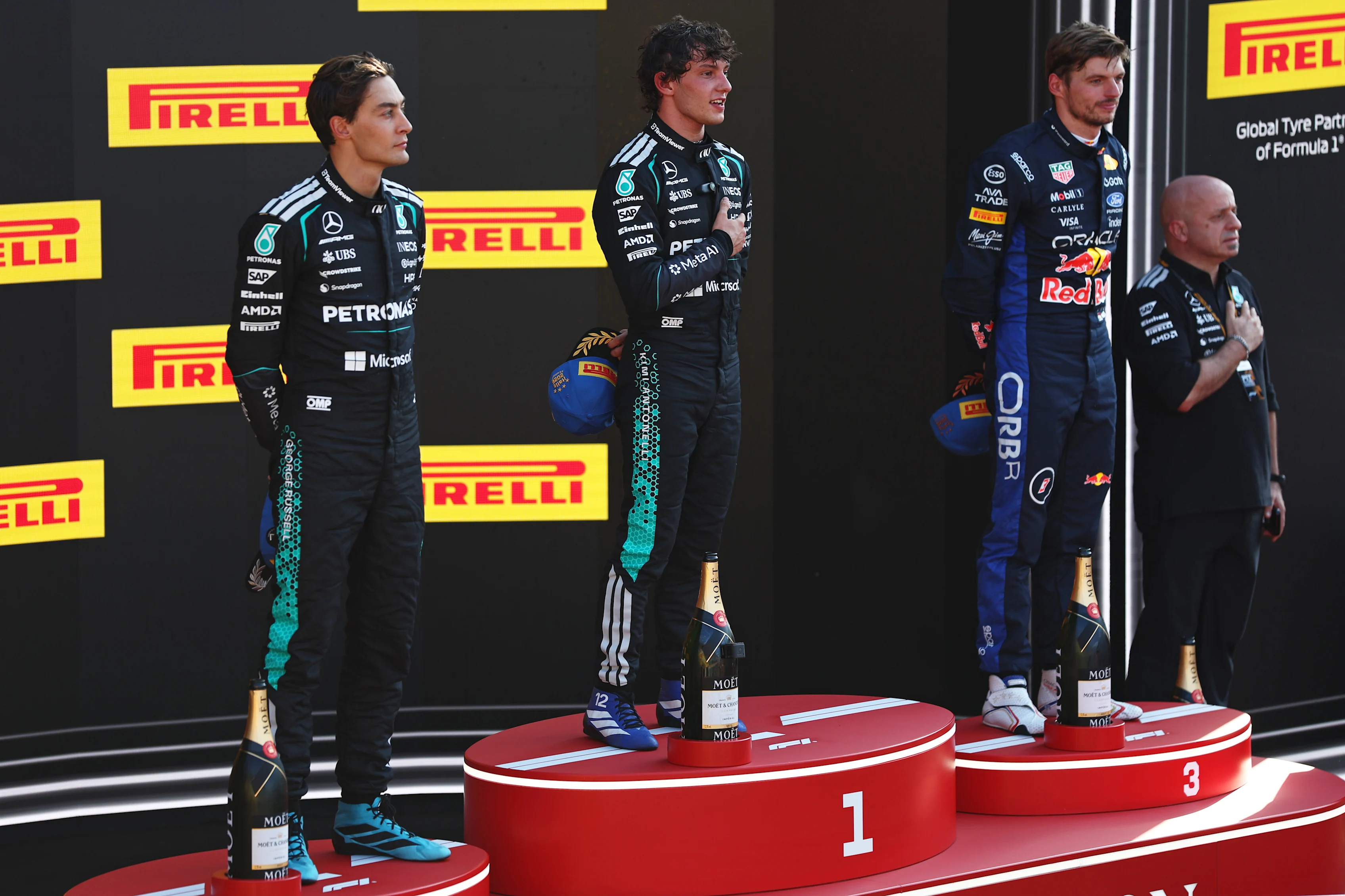 MONZA, ITALY - SEPTEMBER 06: Race winner Andrea Kimi Antonelli of Italy and Mercedes AMG Petronas