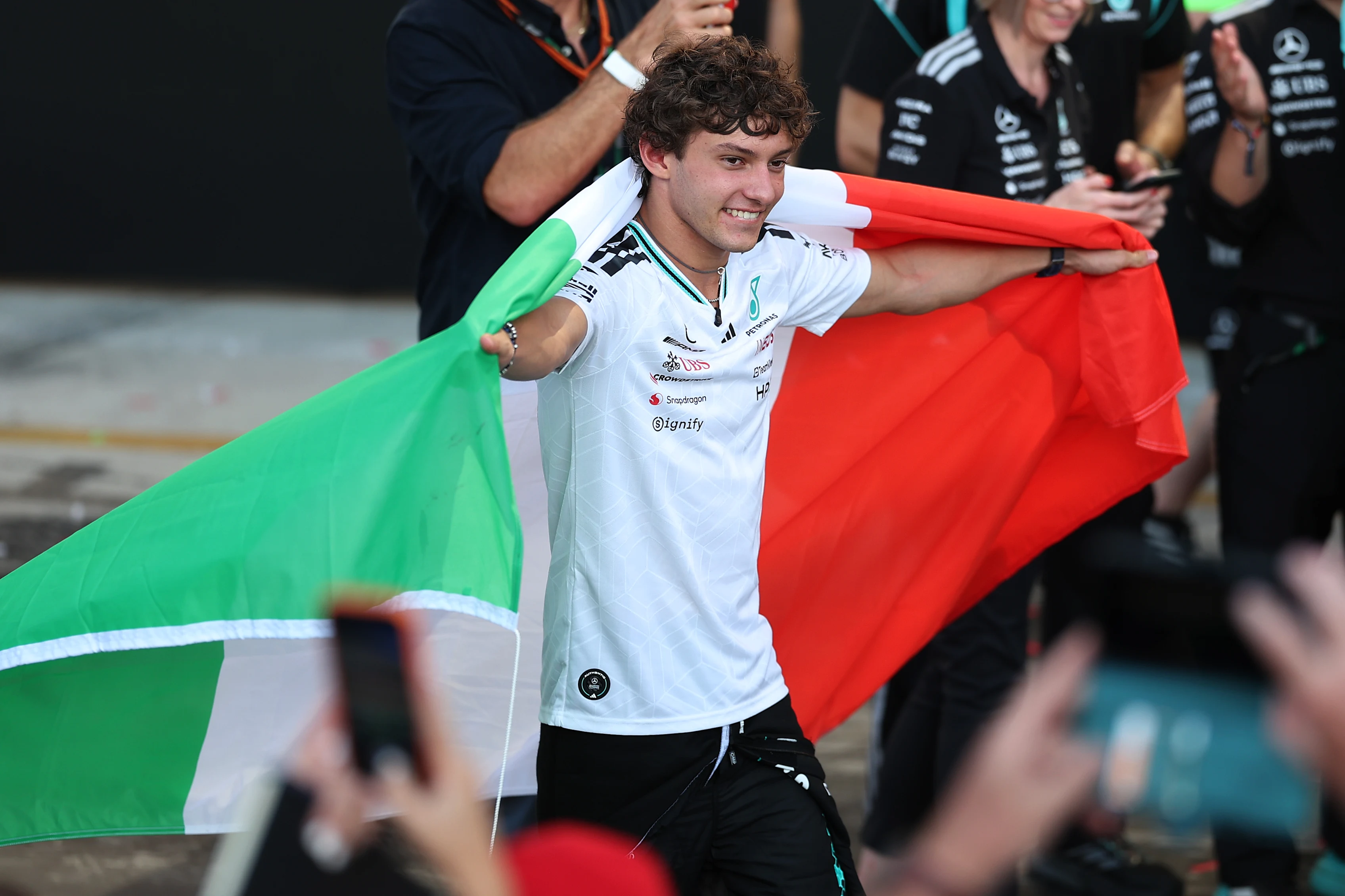 MONZA, ITALY - SEPTEMBER 06: Race winner Andrea Kimi Antonelli of Italy and Mercedes AMG Petronas