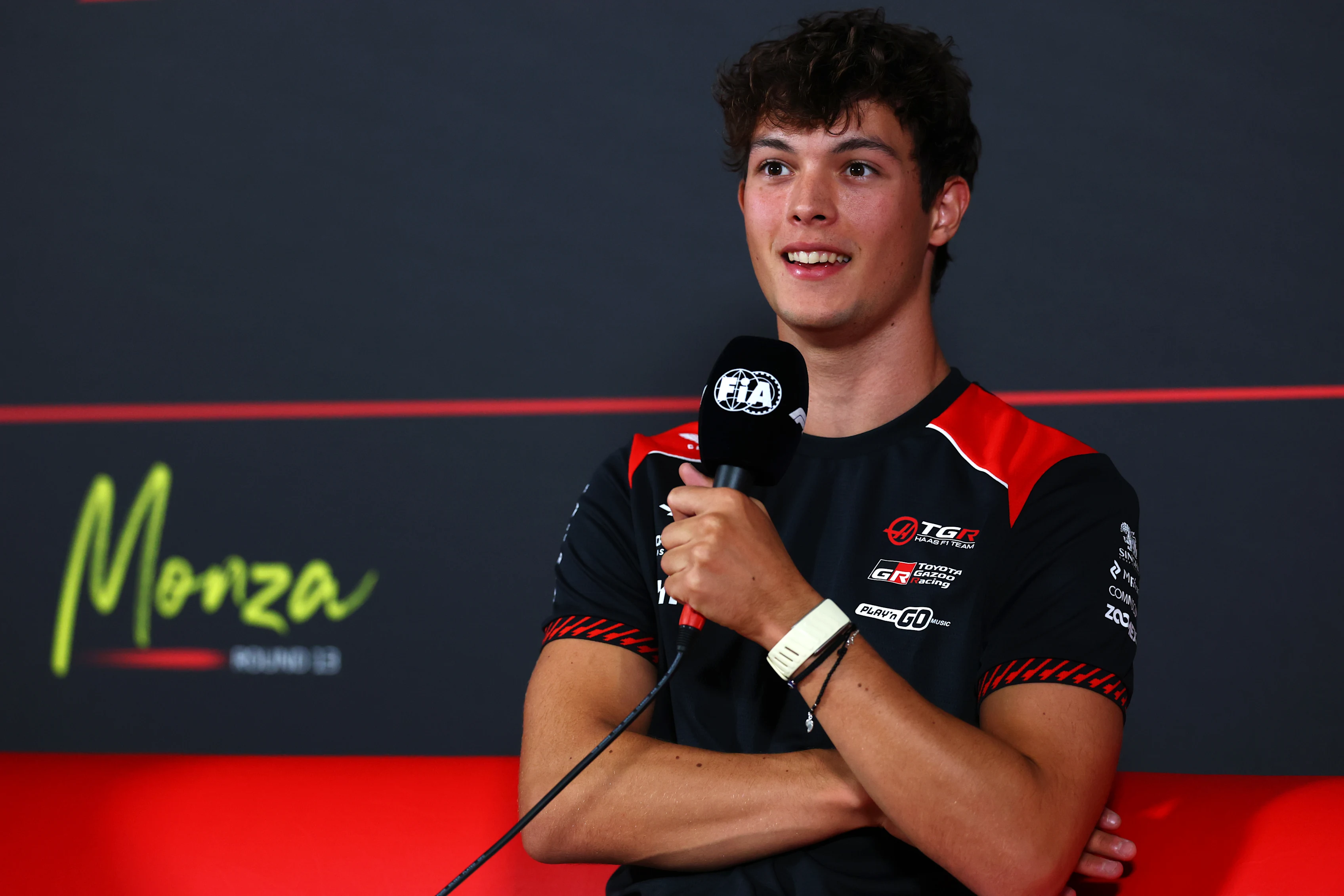 MONZA, ITALY - SEPTEMBER 03: Oliver Bearman of Great Britain and Haas F1 speaks in the Drivers