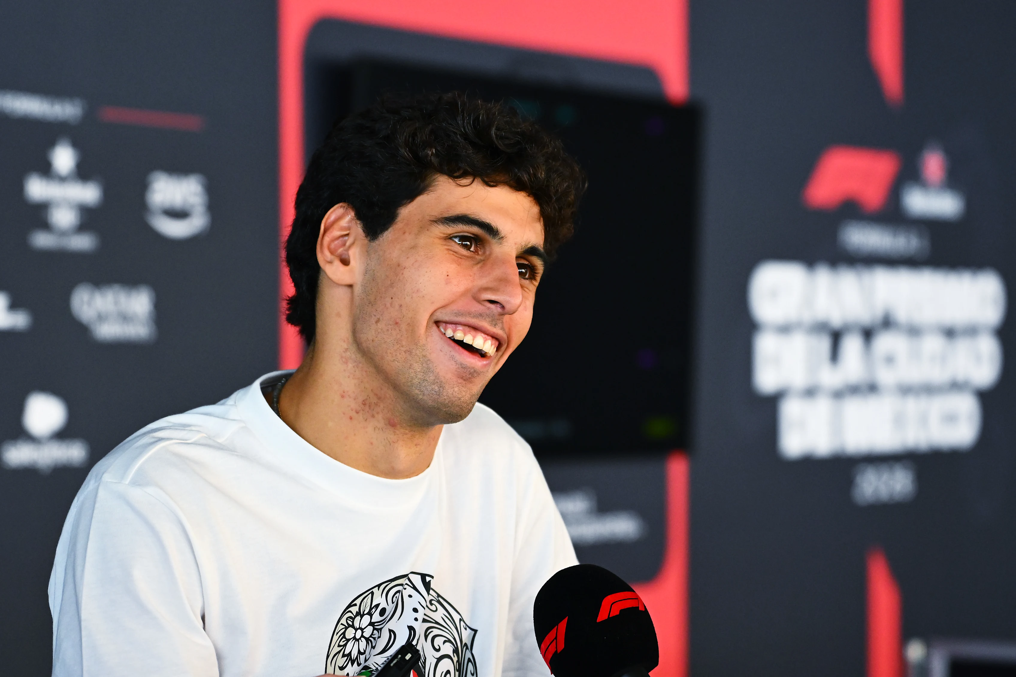 MEXICO CITY, MEXICO - OCTOBER 29: Gabriel Bortoleto of Brazil and Audi F1 Team talks to the media