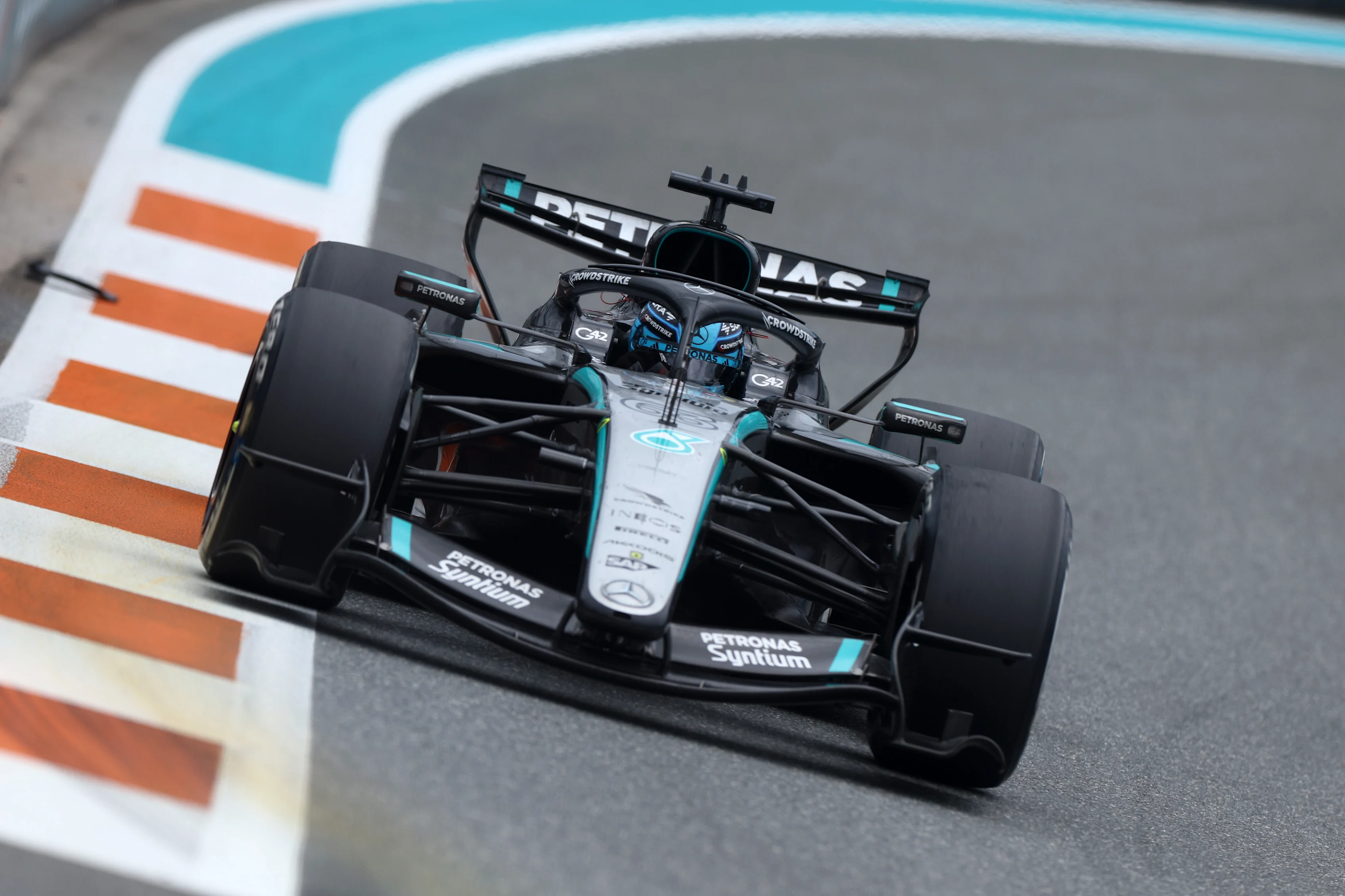 MIAMI, FLORIDA - MAY 03: George Russell of Great Britain driving the (63) Mercedes AMG Petronas F1