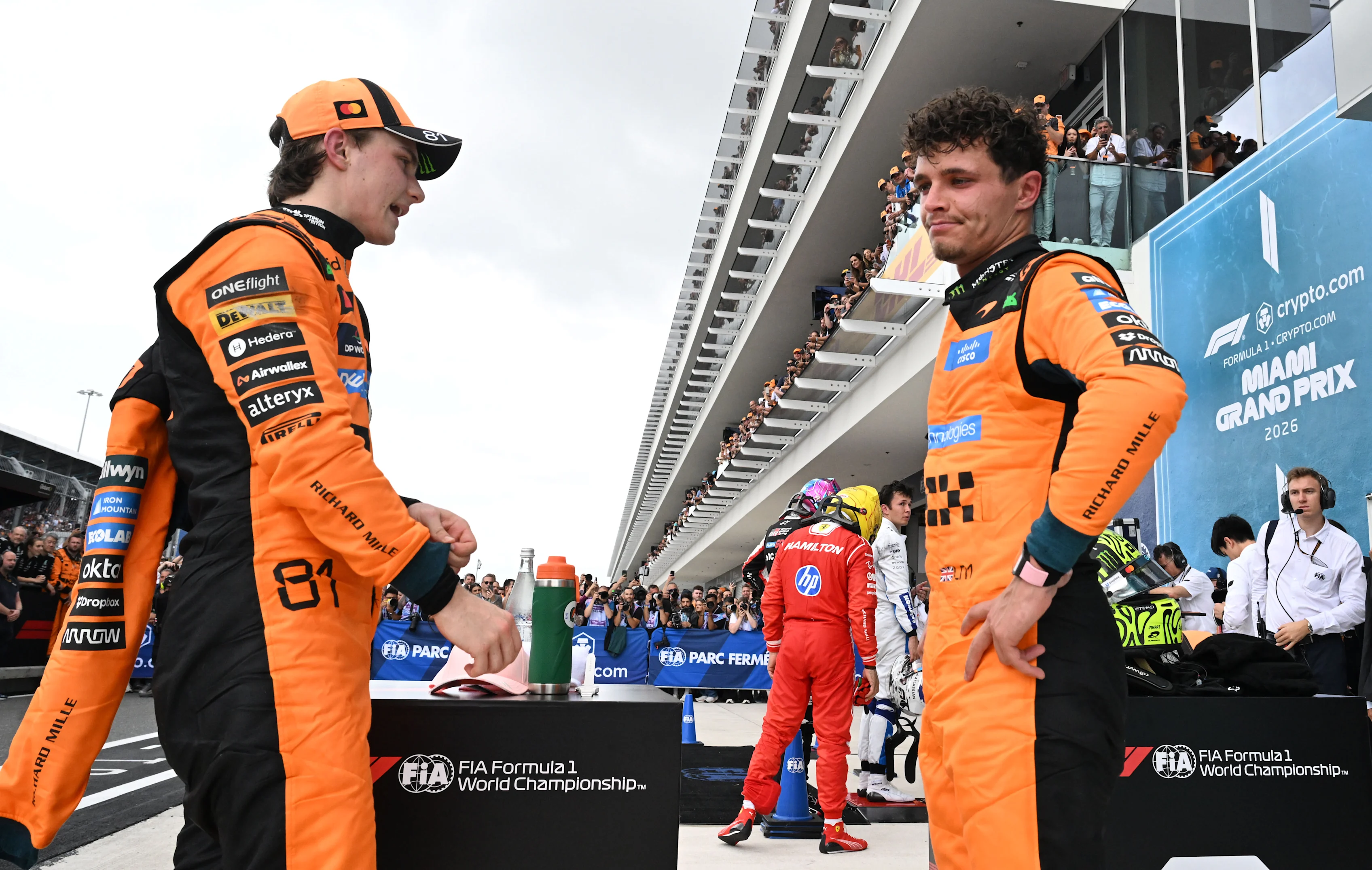 MIAMI, FLORIDA - MAY 03: Second placed Lando Norris of Great Britain and McLaren and Third placed