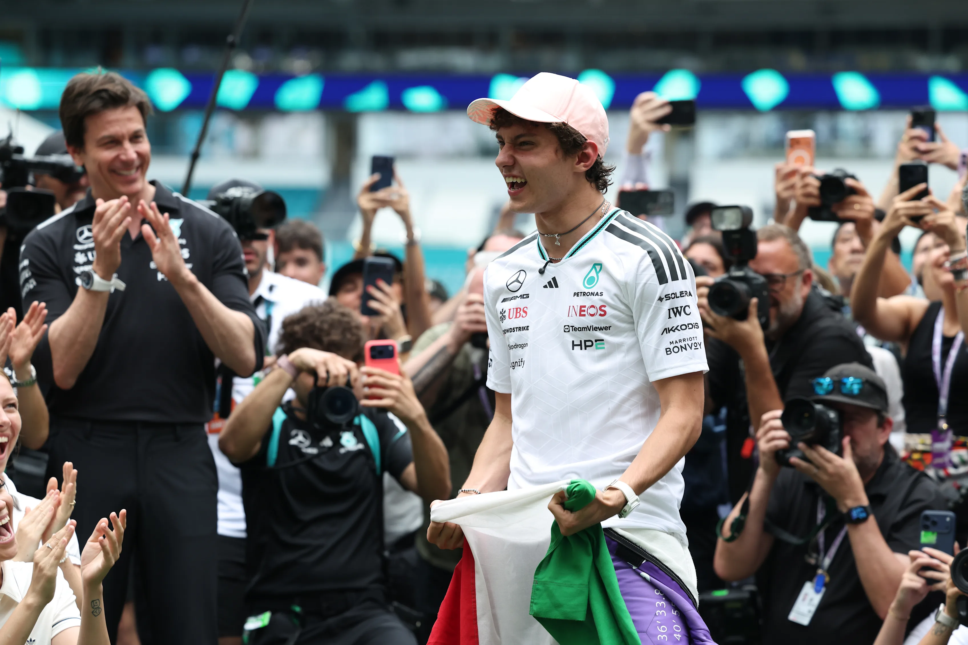 MIAMI, FLORIDA - MAY 03: Race winner Andrea Kimi Antonelli of Italy and Mercedes AMG Petronas F1