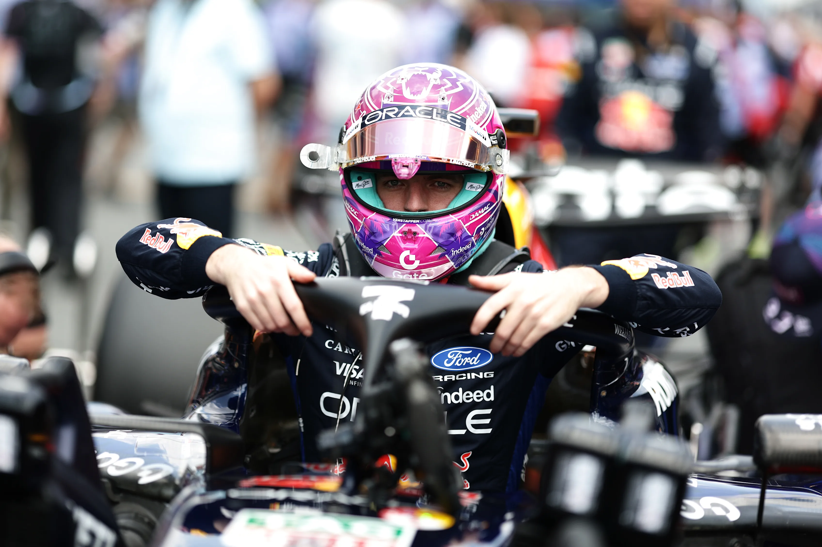 MIAMI, FLORIDA - MAY 02: Max Verstappen of the Netherlands and Oracle Red Bull Racing arrives on