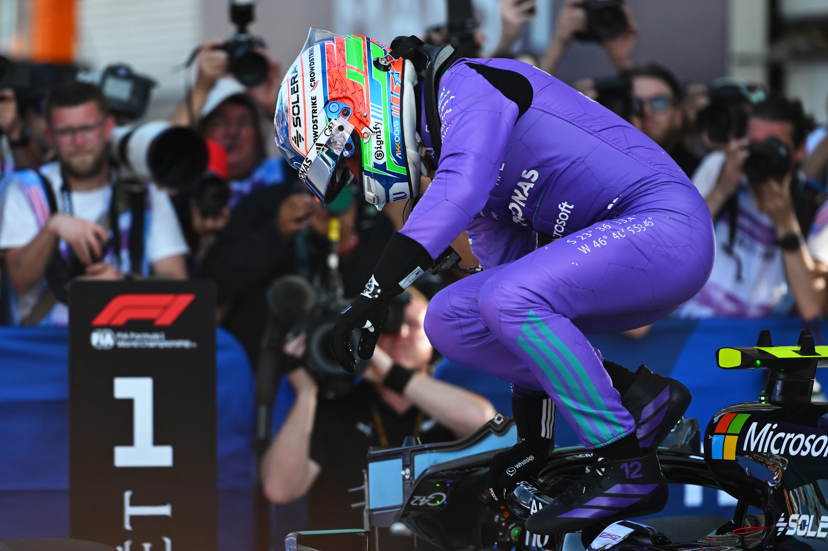 MIAMI, FLORIDA - MAY 02: Pole position qualifier Andrea Kimi Antonelli of Italy and Mercedes AMG
