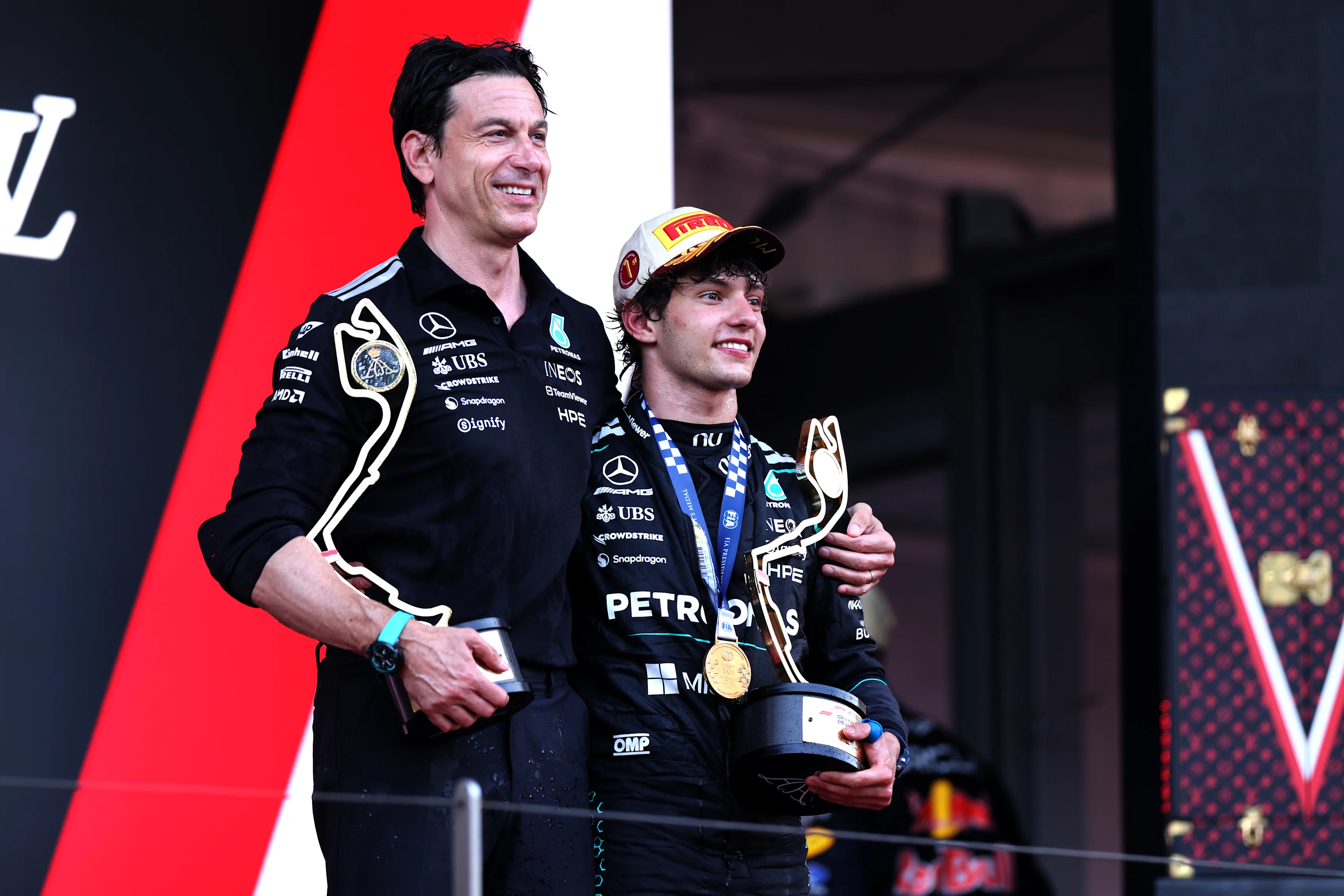 MONTE-CARLO, MONACO - JUNE 07: Race winner Andrea Kimi Antonelli of Italy and Mercedes AMG Petronas