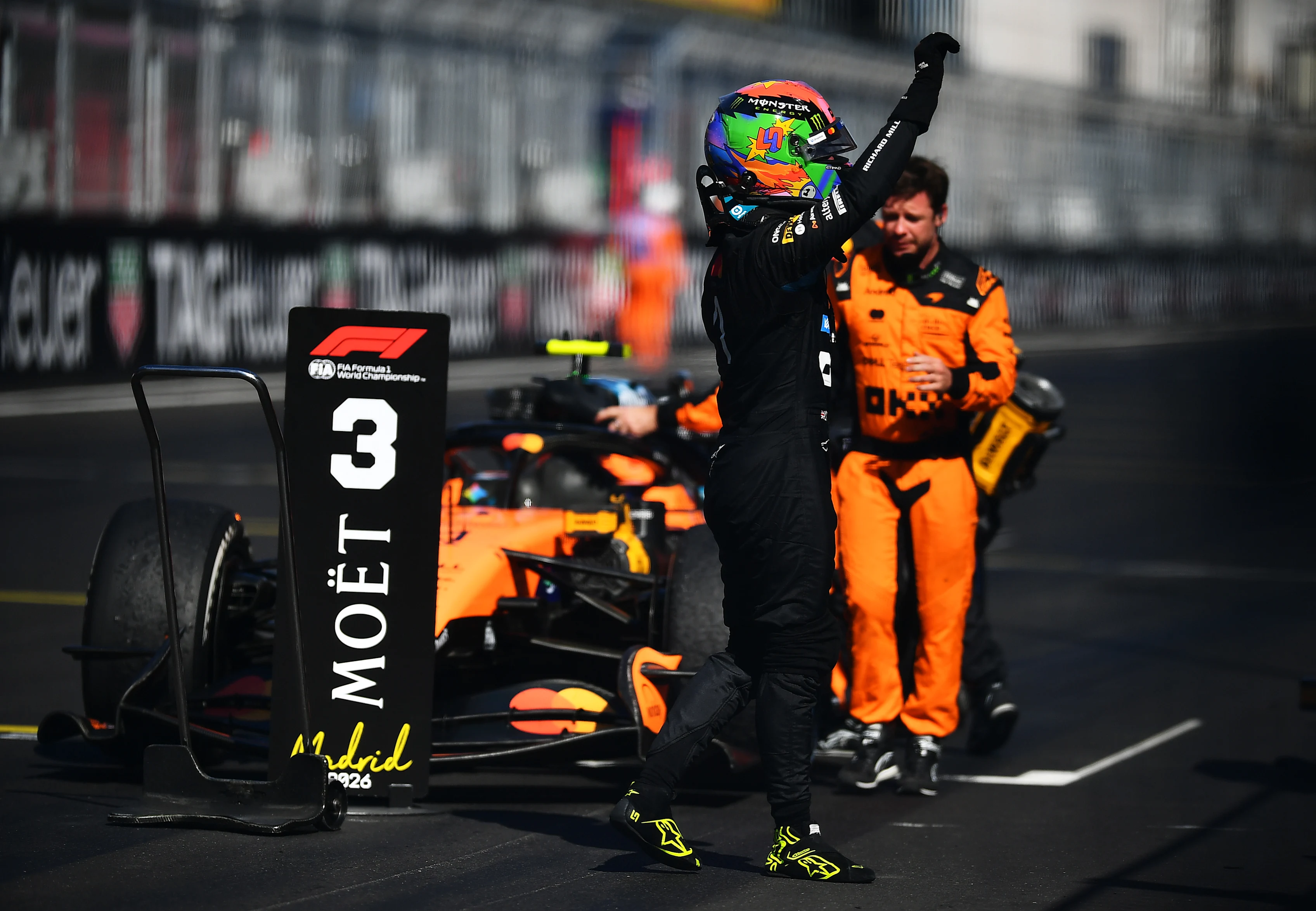 MADRID, SPAIN - SEPTEMBER 13: Third placed Lando Norris of Great Britain and McLaren celebrates in