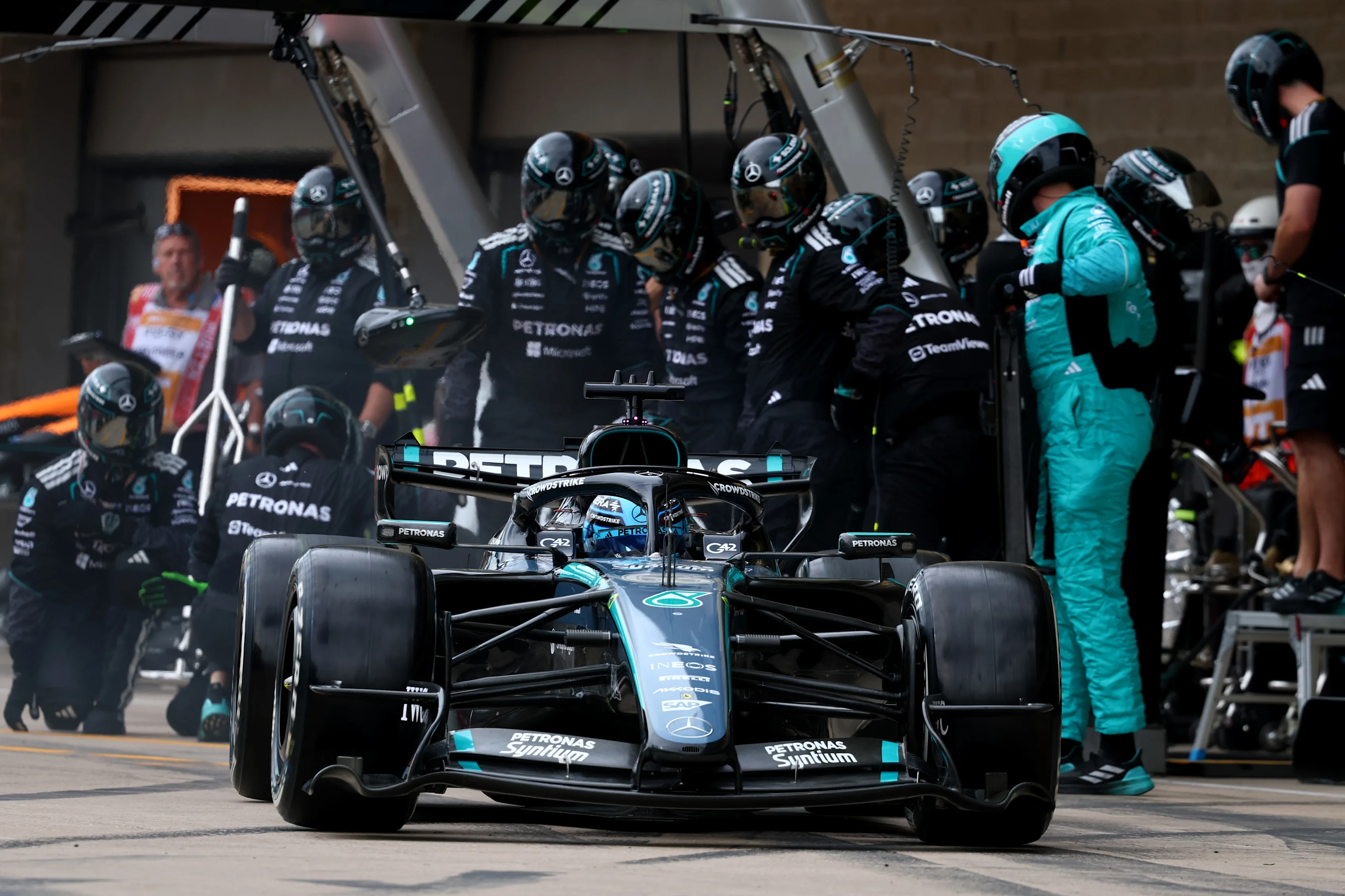 AUSTIN, TEXAS - OCTOBER 25: George Russell of Great Britain driving the (63) Mercedes AMG Petronas