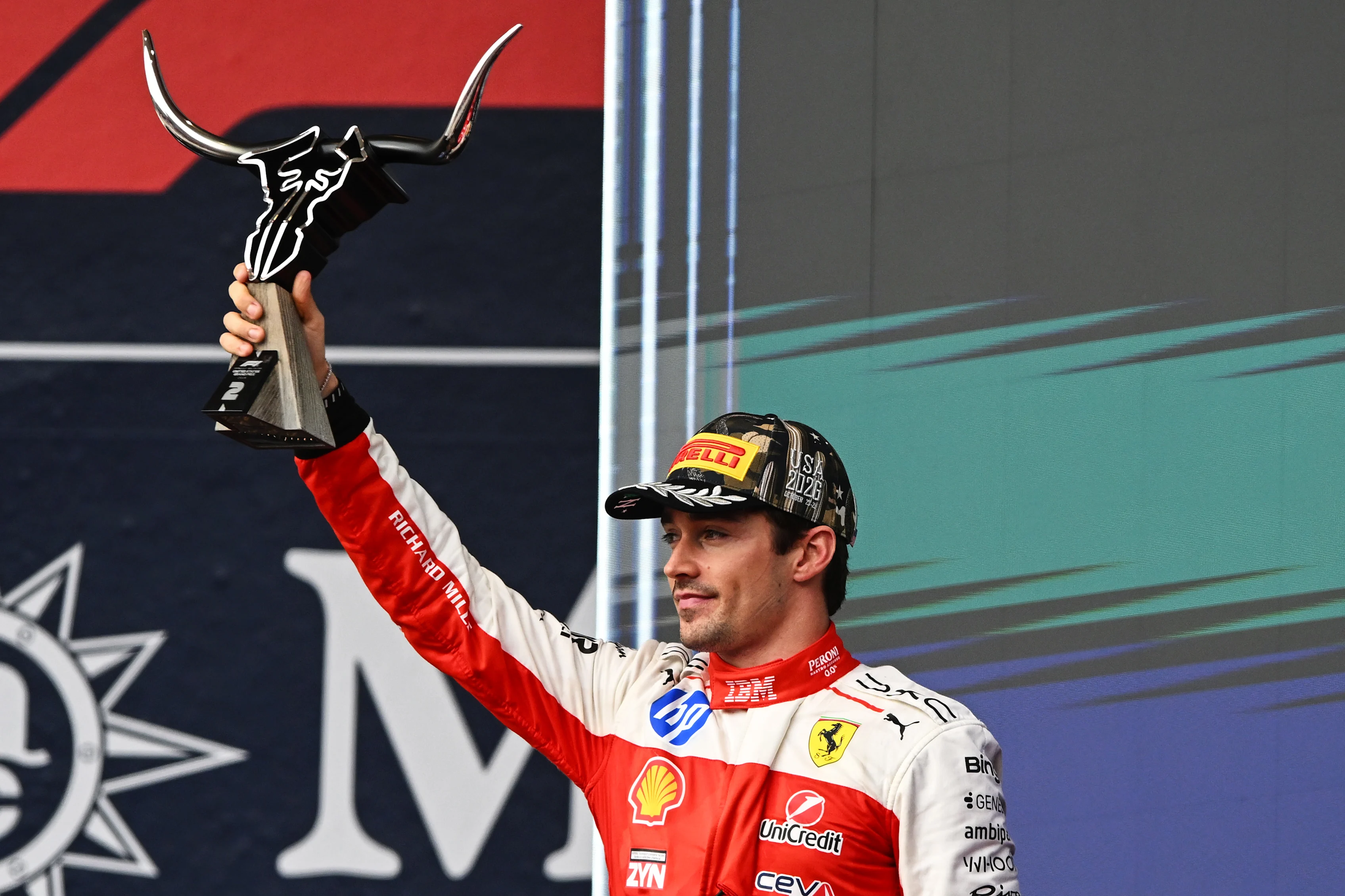 AUSTIN, TEXAS - OCTOBER 25: Second placed Charles Leclerc of Monaco and Scuderia Ferrari lifts his