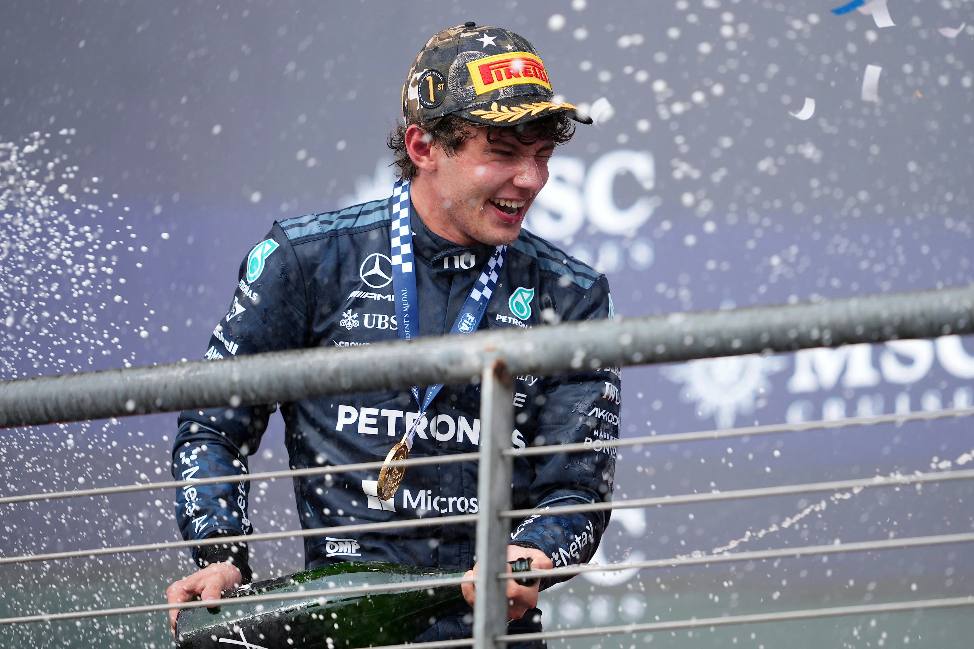 AUSTIN, TEXAS - OCTOBER 25: Race winner Andrea Kimi Antonelli of Italy and Mercedes AMG Petronas F1