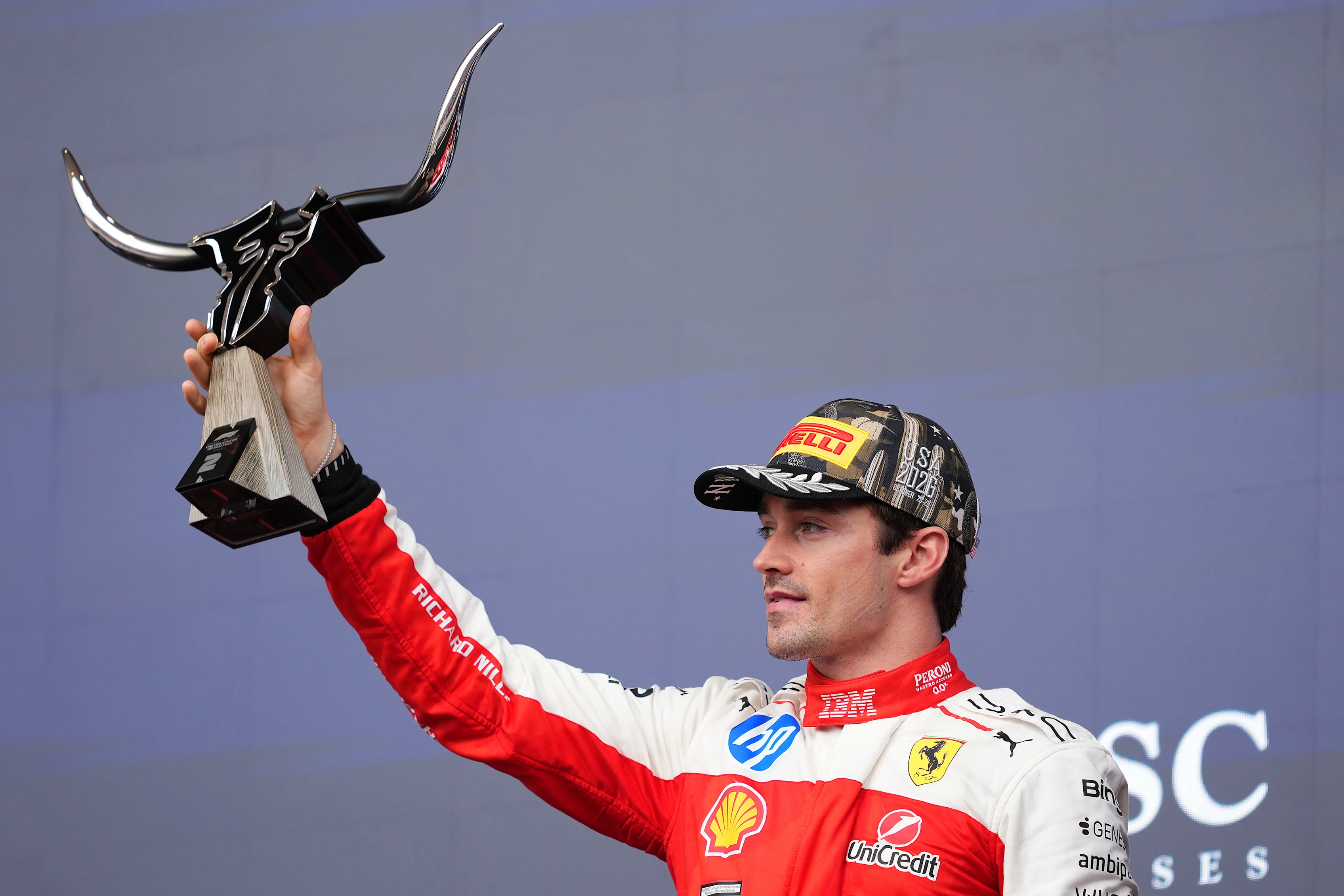AUSTIN, TEXAS - OCTOBER 25: Second placed Charles Leclerc of Monaco and Scuderia Ferrari celebrates