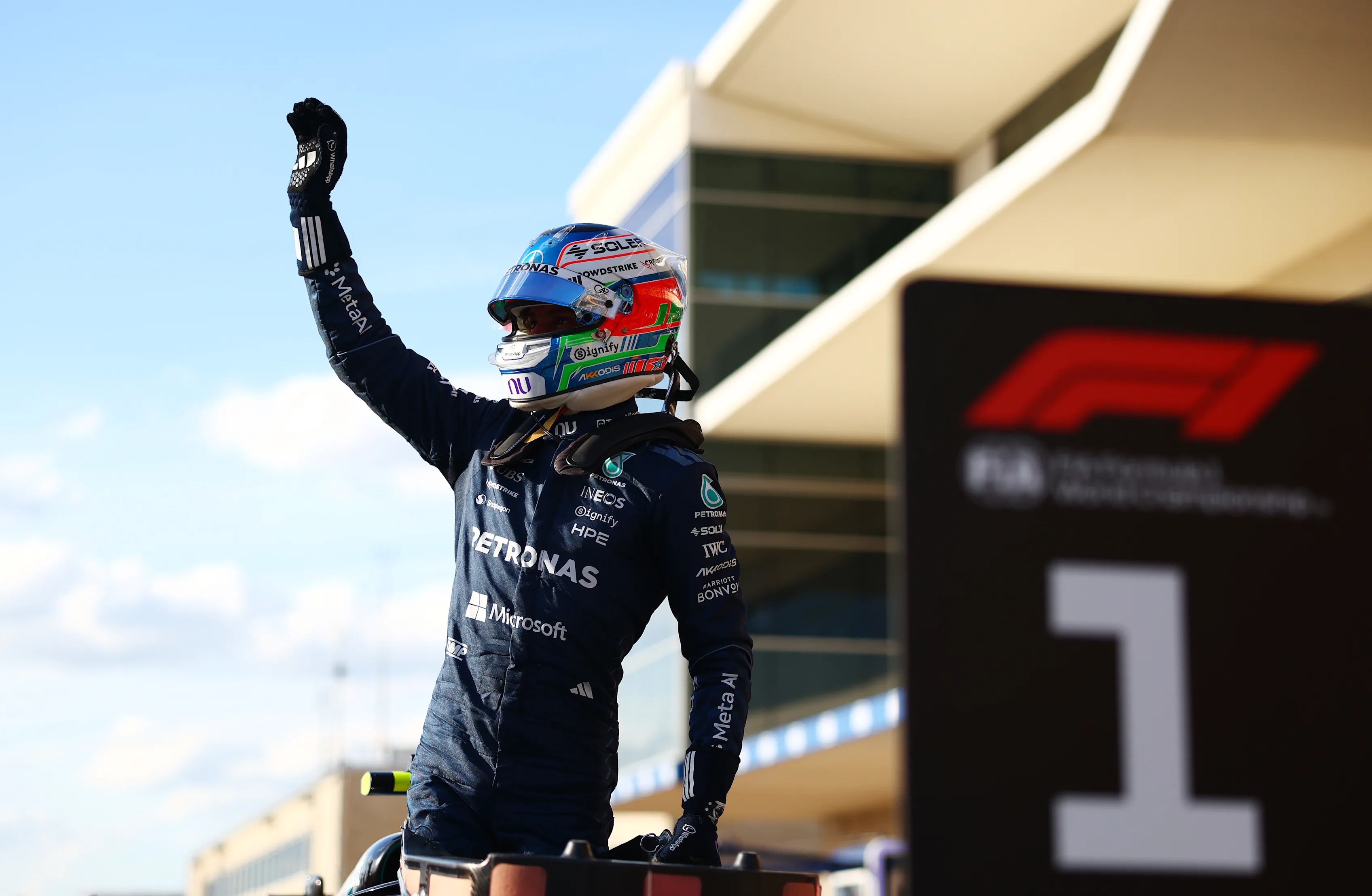 AUSTIN, TEXAS - OCTOBER 24: Pole position qualifier Andrea Kimi Antonelli of Italy and Mercedes AMG