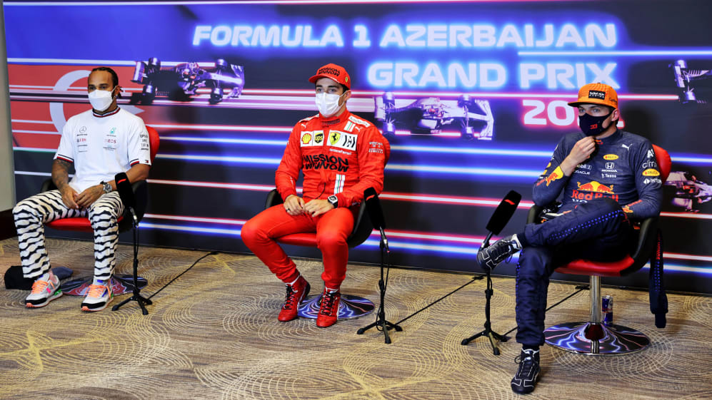 (L to R): Lewis Hamilton (GBR) Mercedes AMG F1; Charles Leclerc (MON) Ferrari; Max Verstappen (NLD)