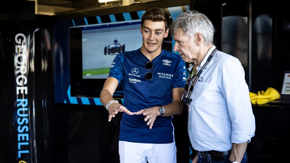 (L to R): George Russell (GBR) Williams Racing with Harrison Ford (USA) Actor.
British Grand Prix,